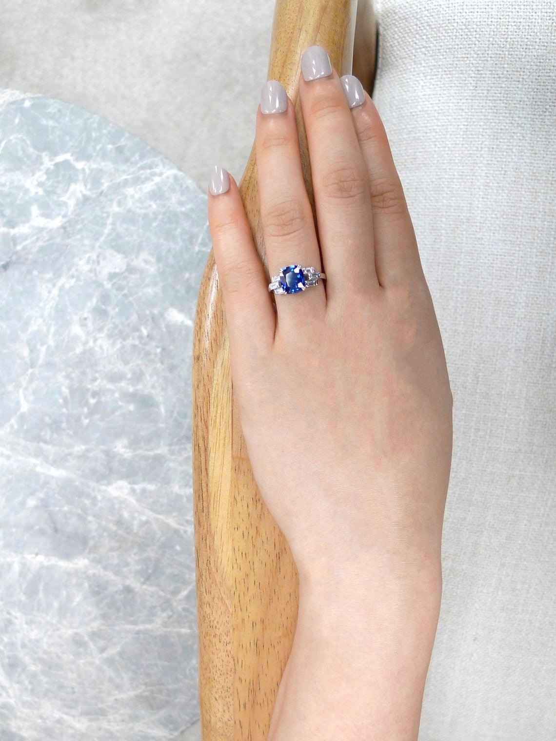For Sale:  Cushion Cut Ceylon Blue Sapphire and Bagguatte Diamond Engagement Ring 5