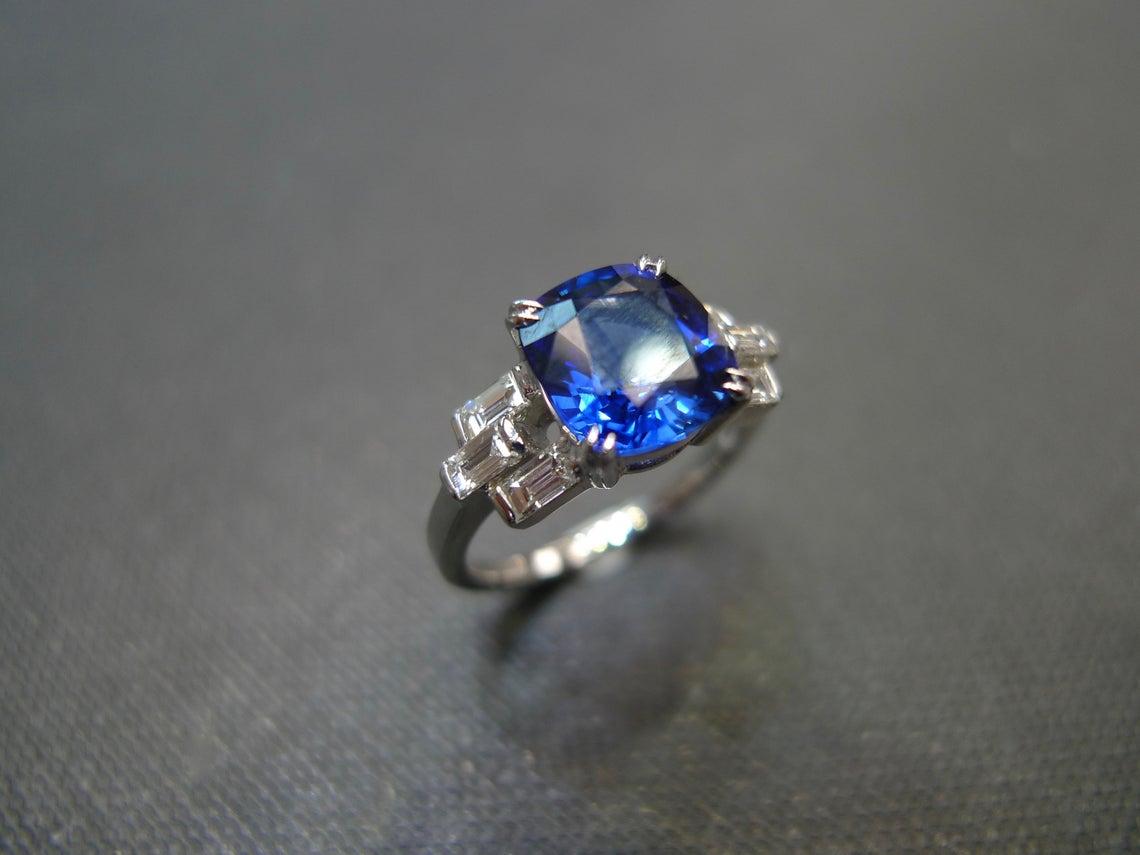 For Sale:  Cushion Cut Ceylon Blue Sapphire and Bagguatte Diamond Engagement Ring 6