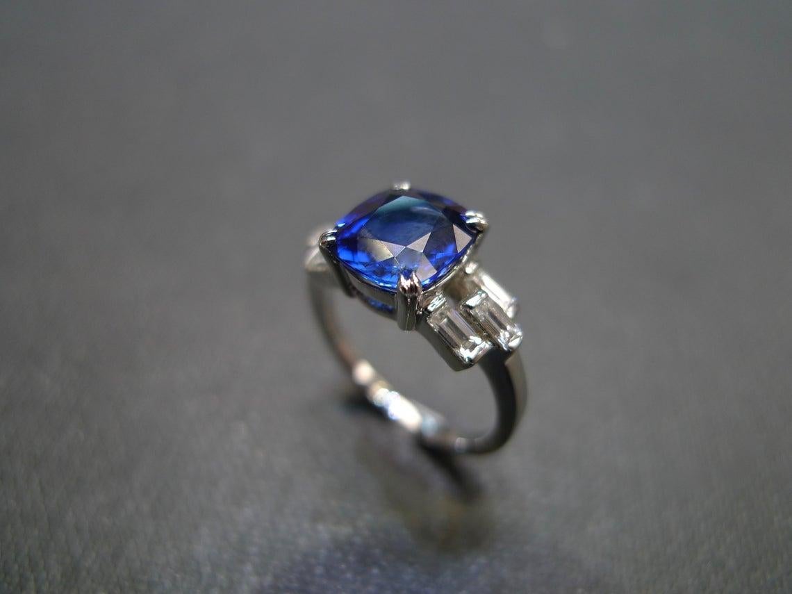 For Sale:  Cushion Cut Ceylon Blue Sapphire and Bagguatte Diamond Engagement Ring 7