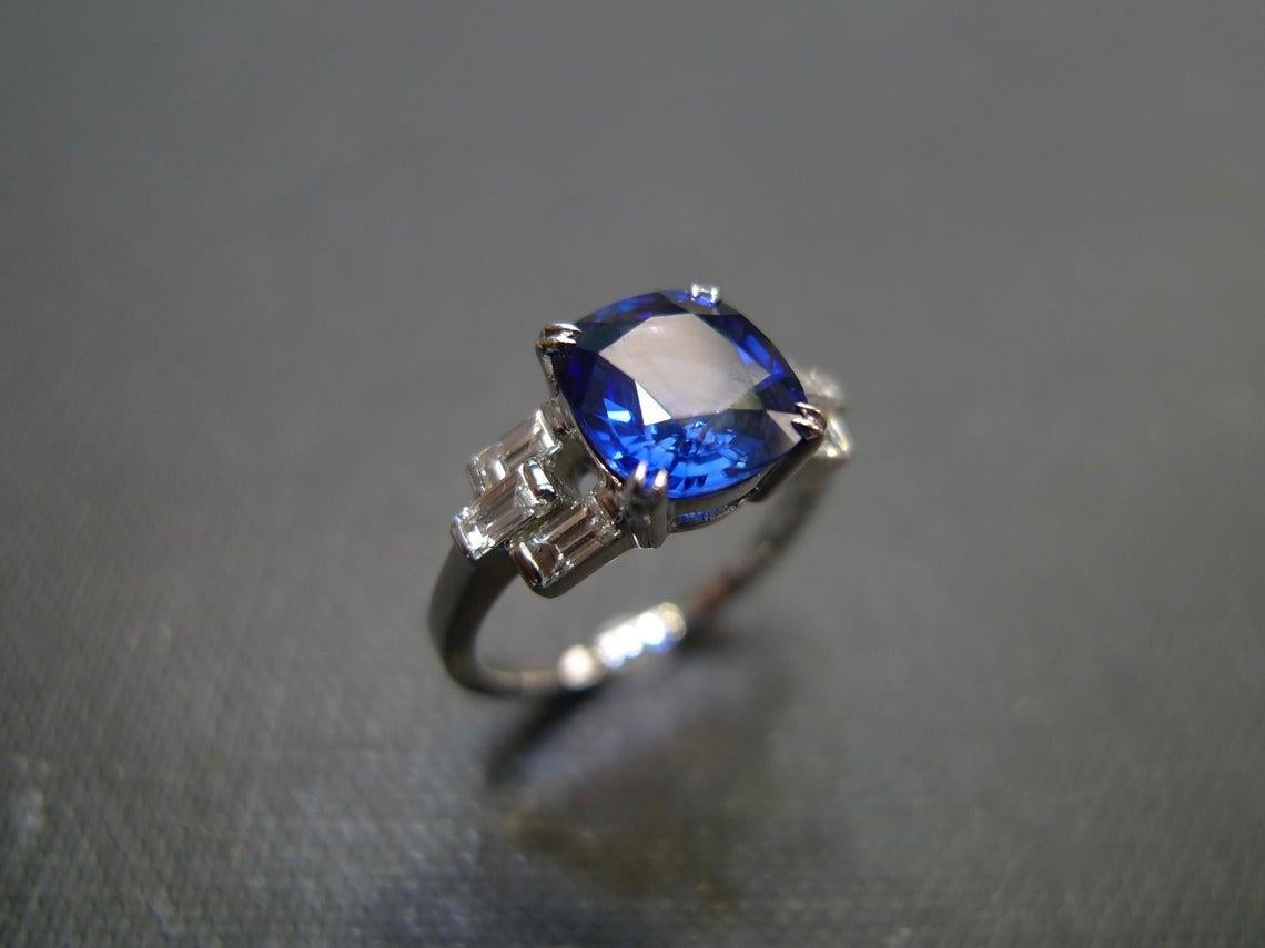 For Sale:  Cushion Cut Ceylon Blue Sapphire and Bagguatte Diamond Engagement Ring 8