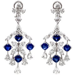 Cushion Cut Ceylon Blue Sapphires 7.73 ct Diamond Chandelier Platinum Earrings