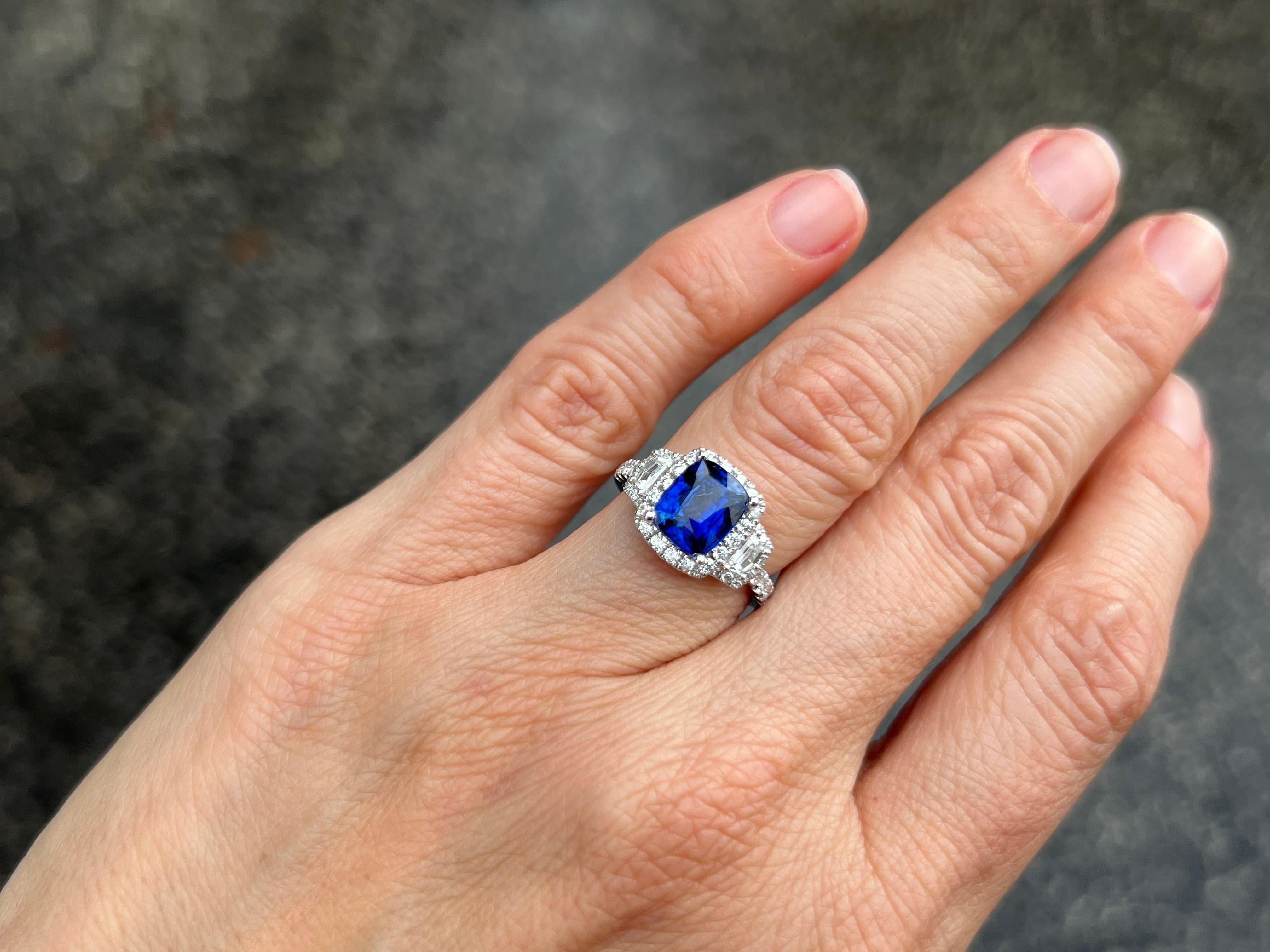 Cushion Cut Ceylon Sapphire and Diamond Trapezoid Engagement Ring For Sale 6
