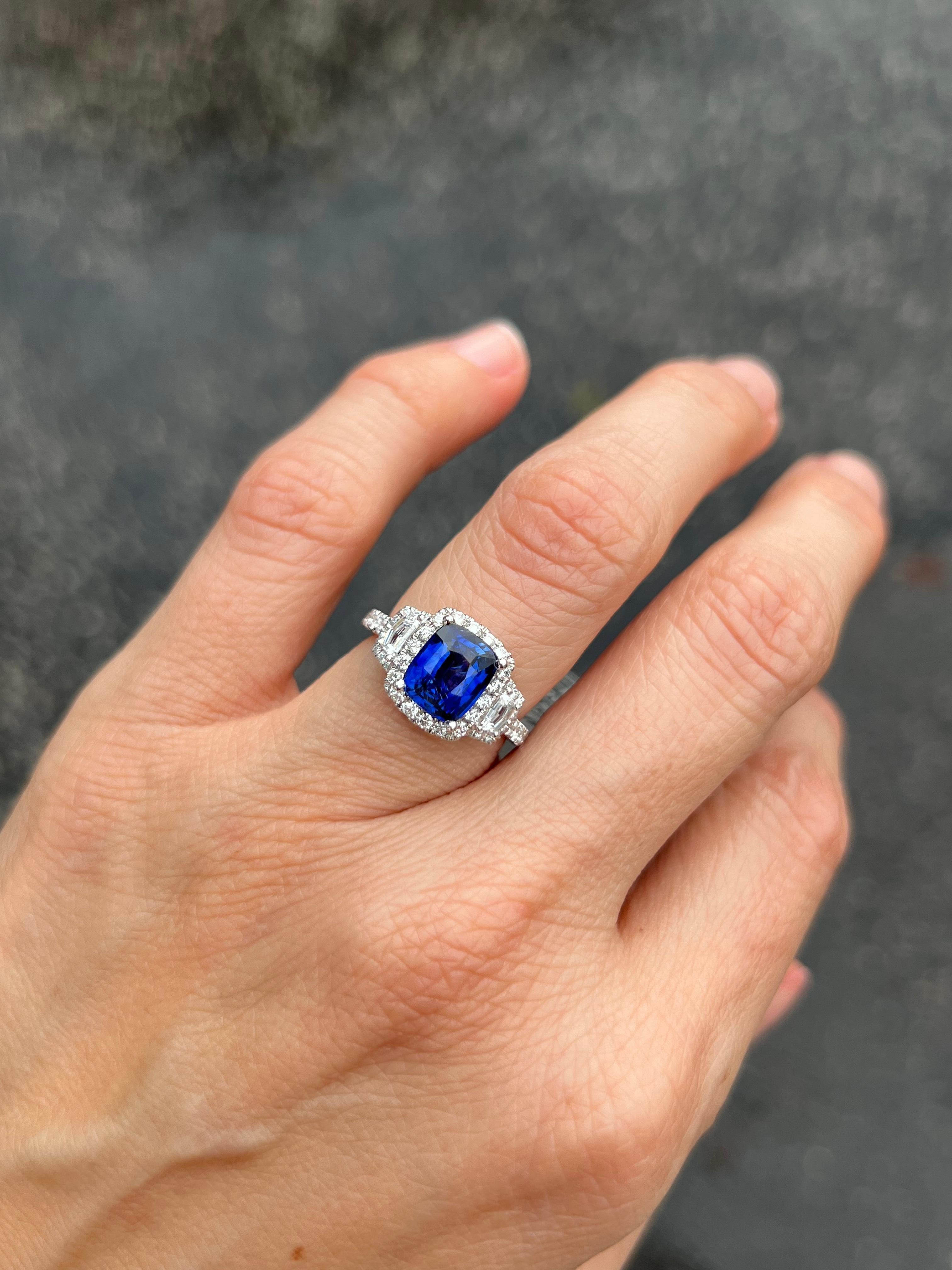 Cushion Cut Ceylon Sapphire and Diamond Trapezoid Engagement Ring For Sale 8