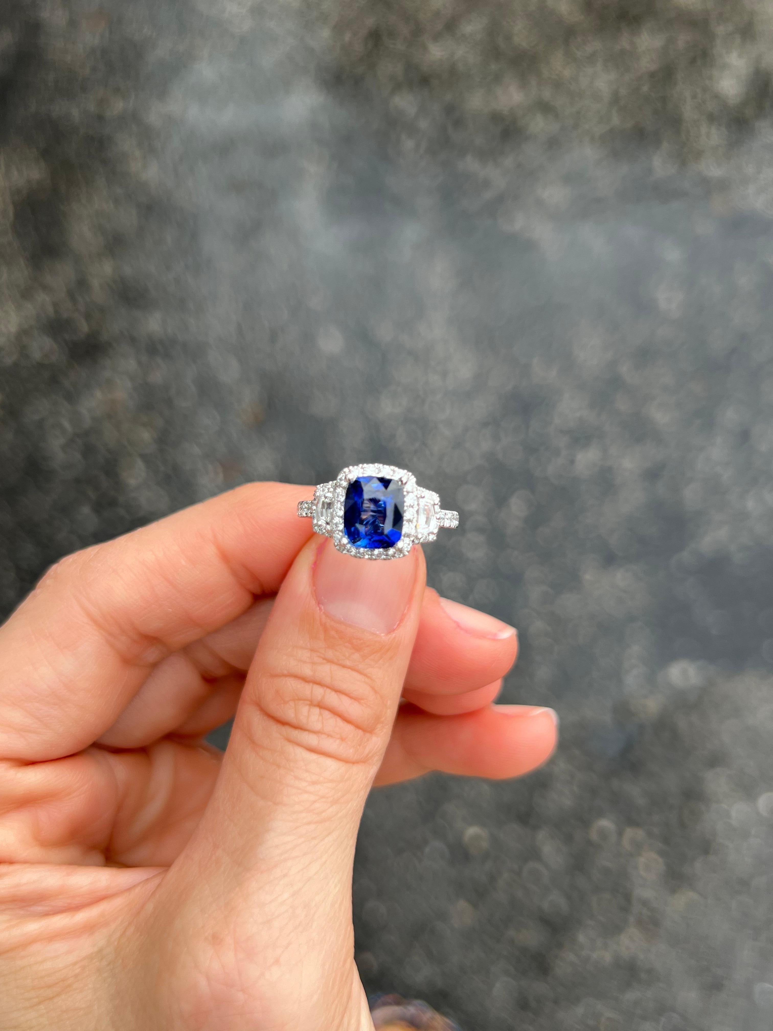 Cushion Cut Ceylon Sapphire and Diamond Trapezoid Engagement Ring For Sale 9