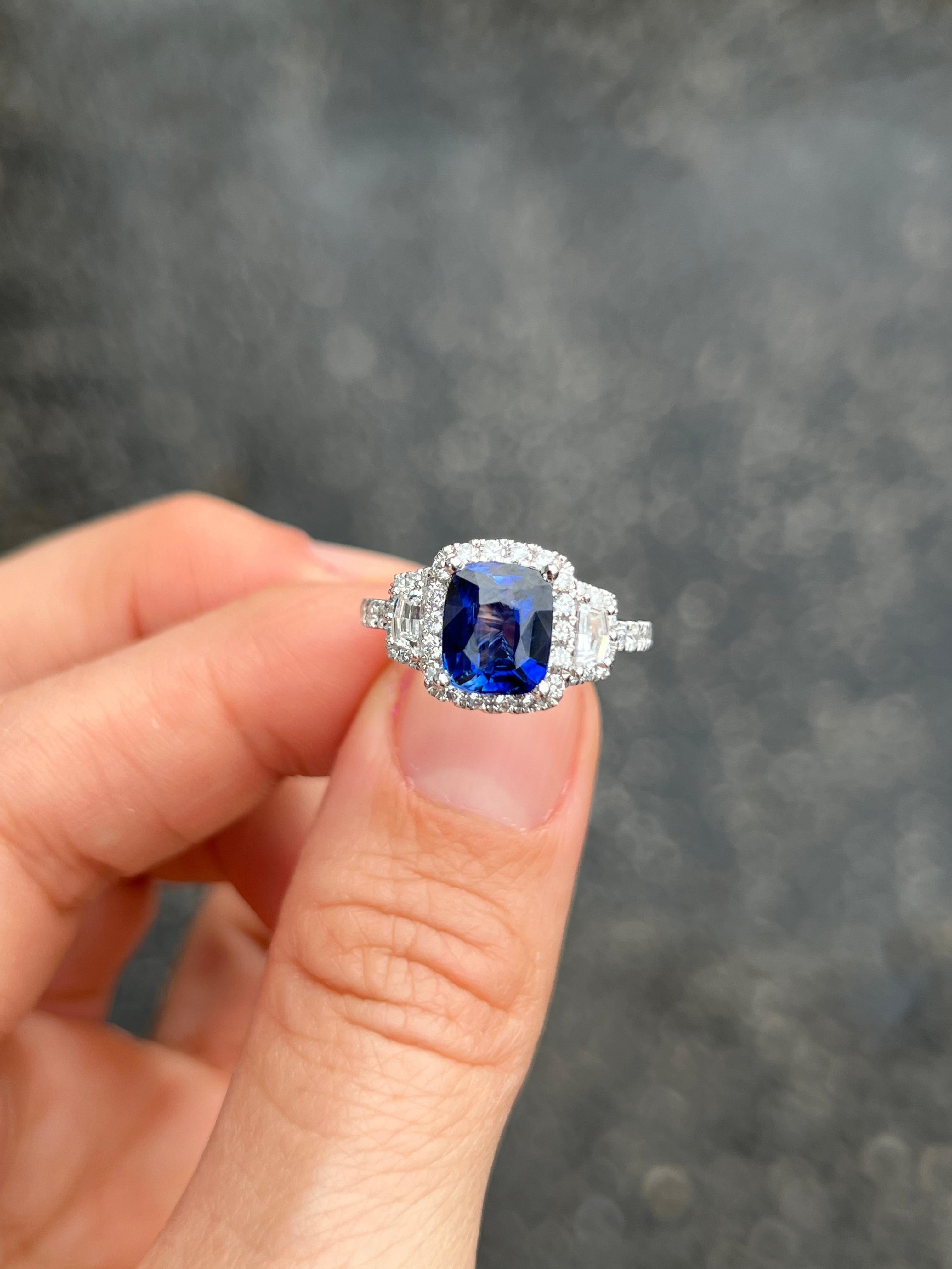 Cushion Cut Ceylon Sapphire and Diamond Trapezoid Engagement Ring For Sale 10