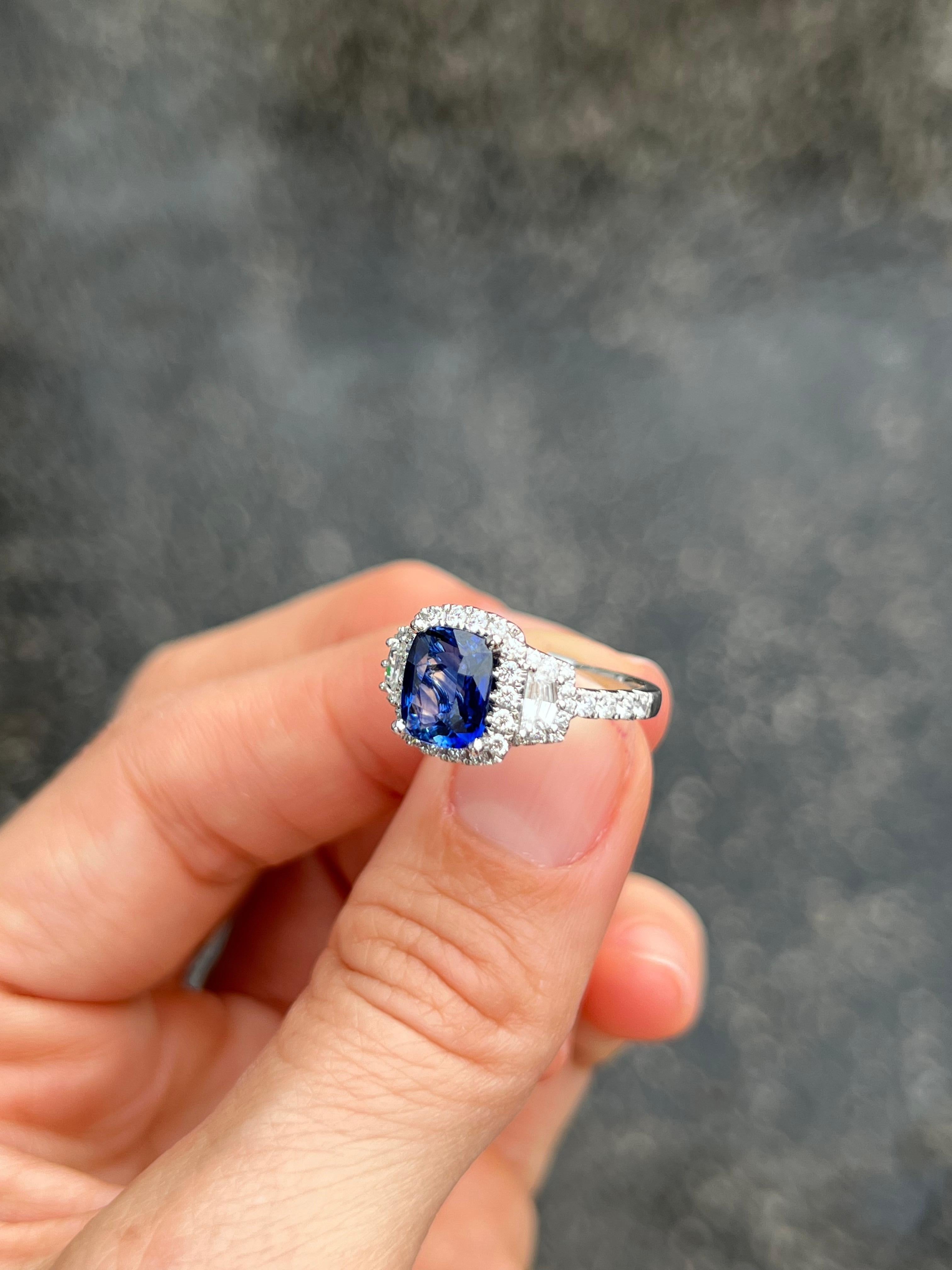 Cushion Cut Ceylon Sapphire and Diamond Trapezoid Engagement Ring For Sale 12