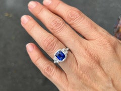 Cushion Cut Ceylon Sapphire and Diamond Trapezoid Engagement Ring