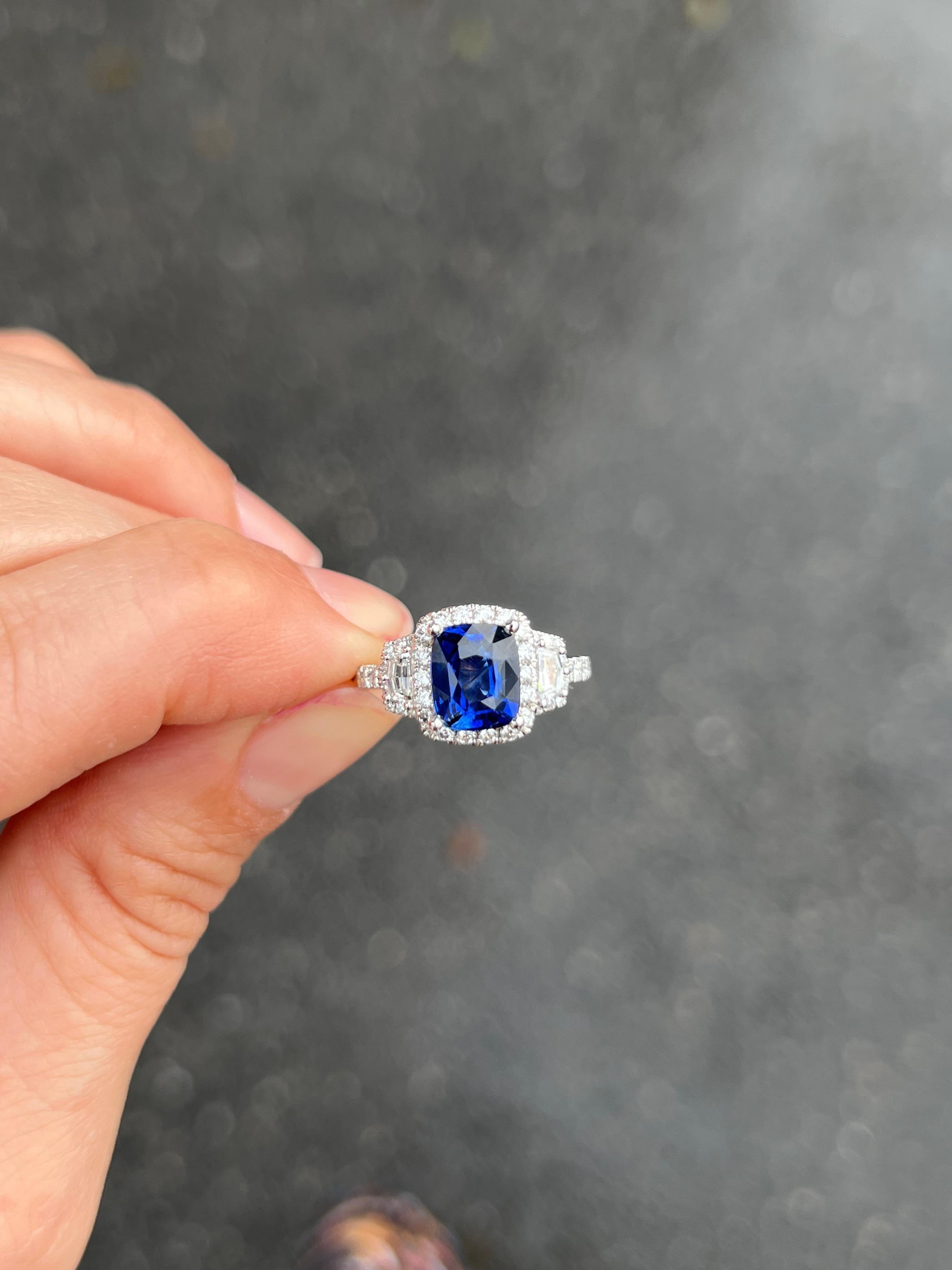 Cushion Cut Ceylon Sapphire and Diamond Trapezoid Engagement Ring For Sale 1