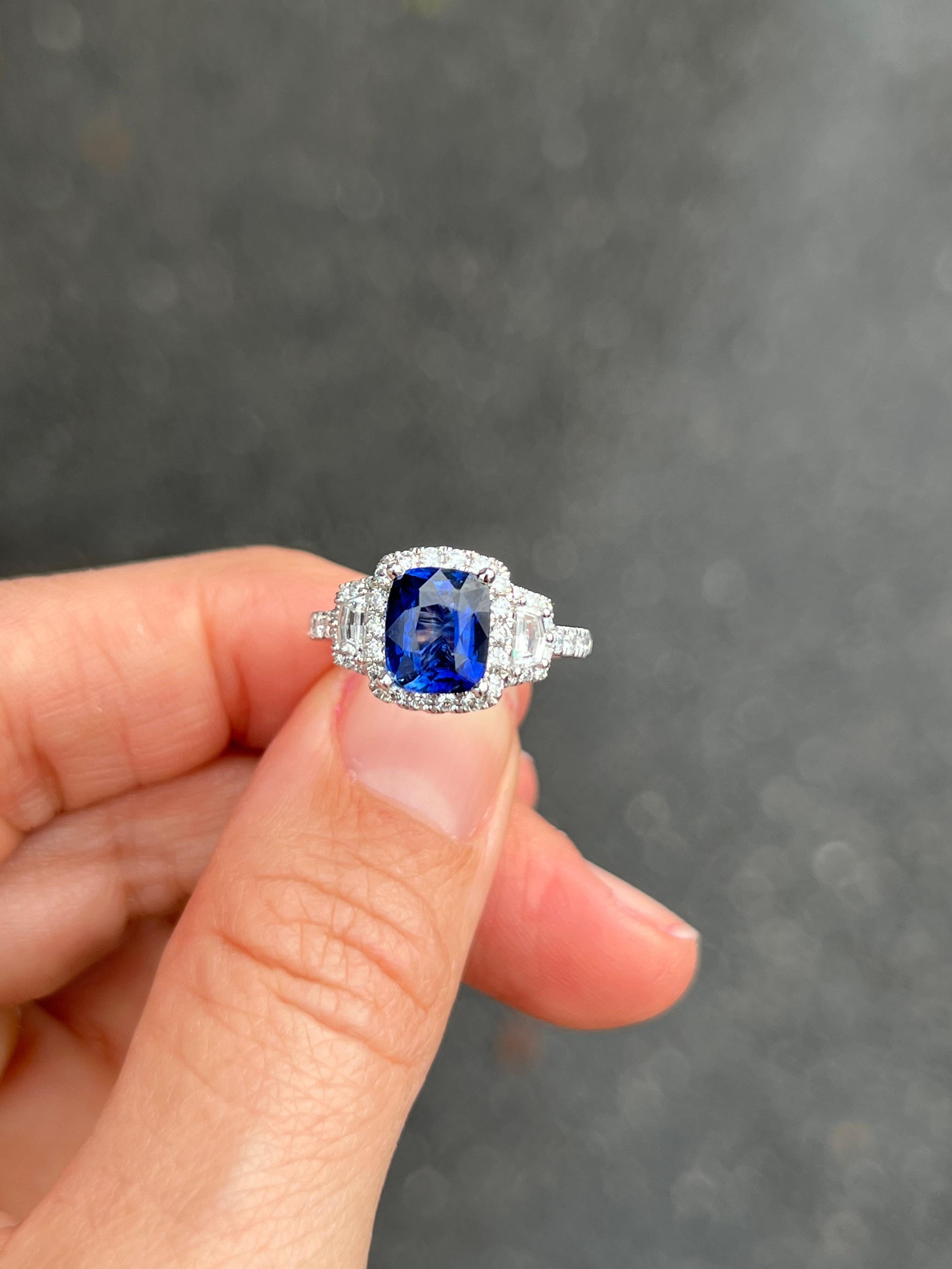 Cushion Cut Ceylon Sapphire and Diamond Trapezoid Engagement Ring For Sale 3
