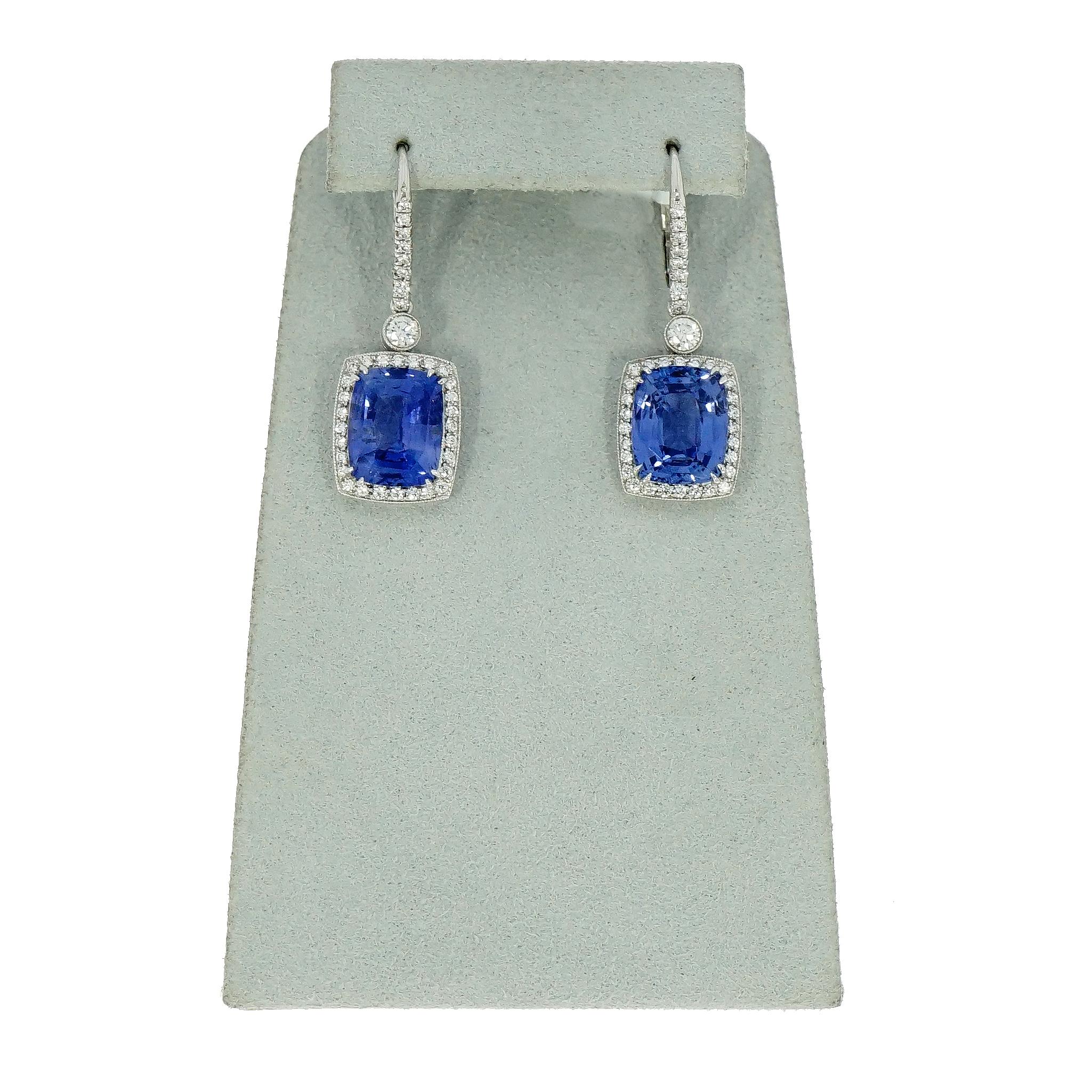 Cushion Cut Unheated Ceylon Sapphire Diamond Platinum Drop Earrings 6