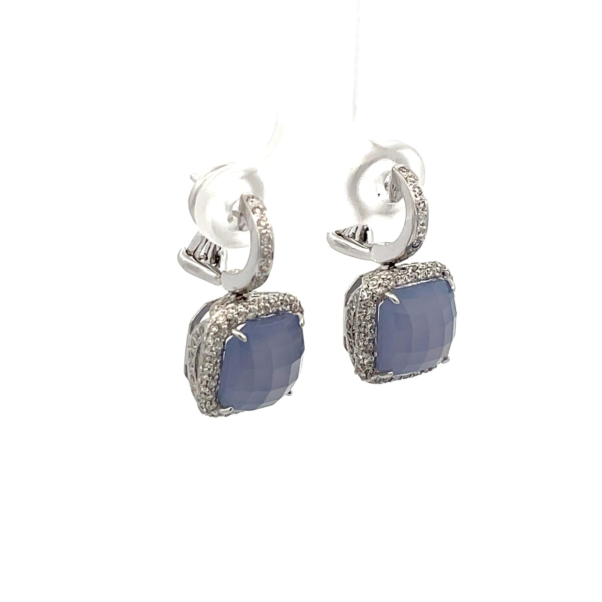 A pair of cushion shaped hanging earring set with natural blue checked top chalcedony and brilliant cut diamonds in 18kt white gold. 

2 natural blue chacedony 7.86ct total weight

192 brilliant cut diamonds 1.07ct total weight, quality G/VS

18kt