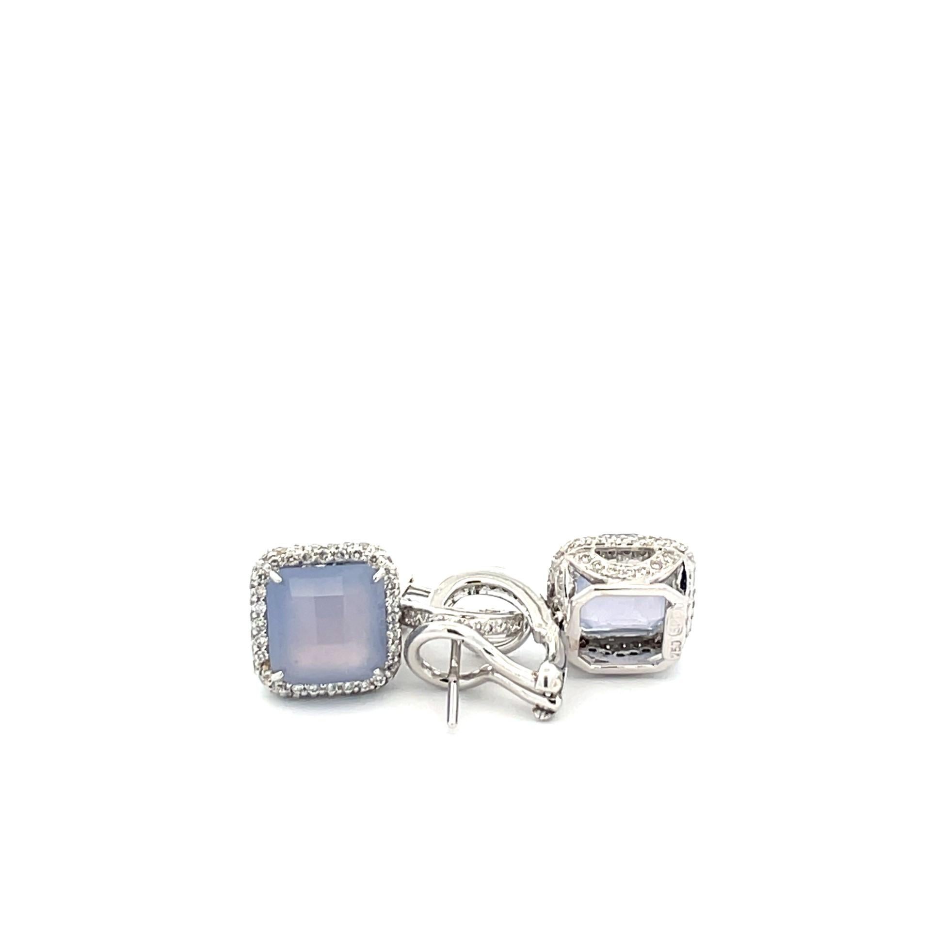 Contemporary Cushion cut Chalcedony and Diamond Hanging Earrings in 18KT White Gold For Sale