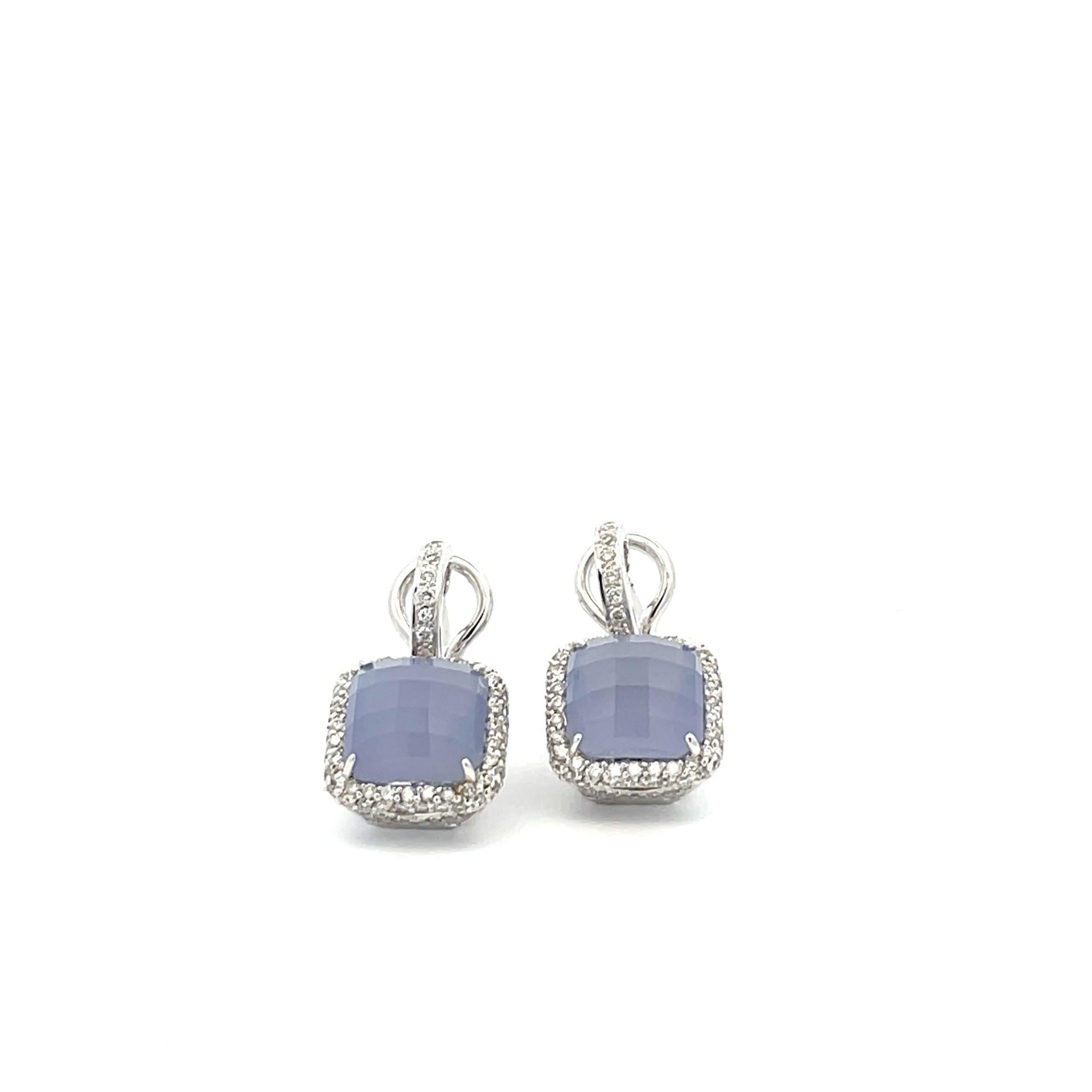 Cushion Cut Cushion cut Chalcedony and Diamond Hanging Earrings in 18KT White Gold For Sale