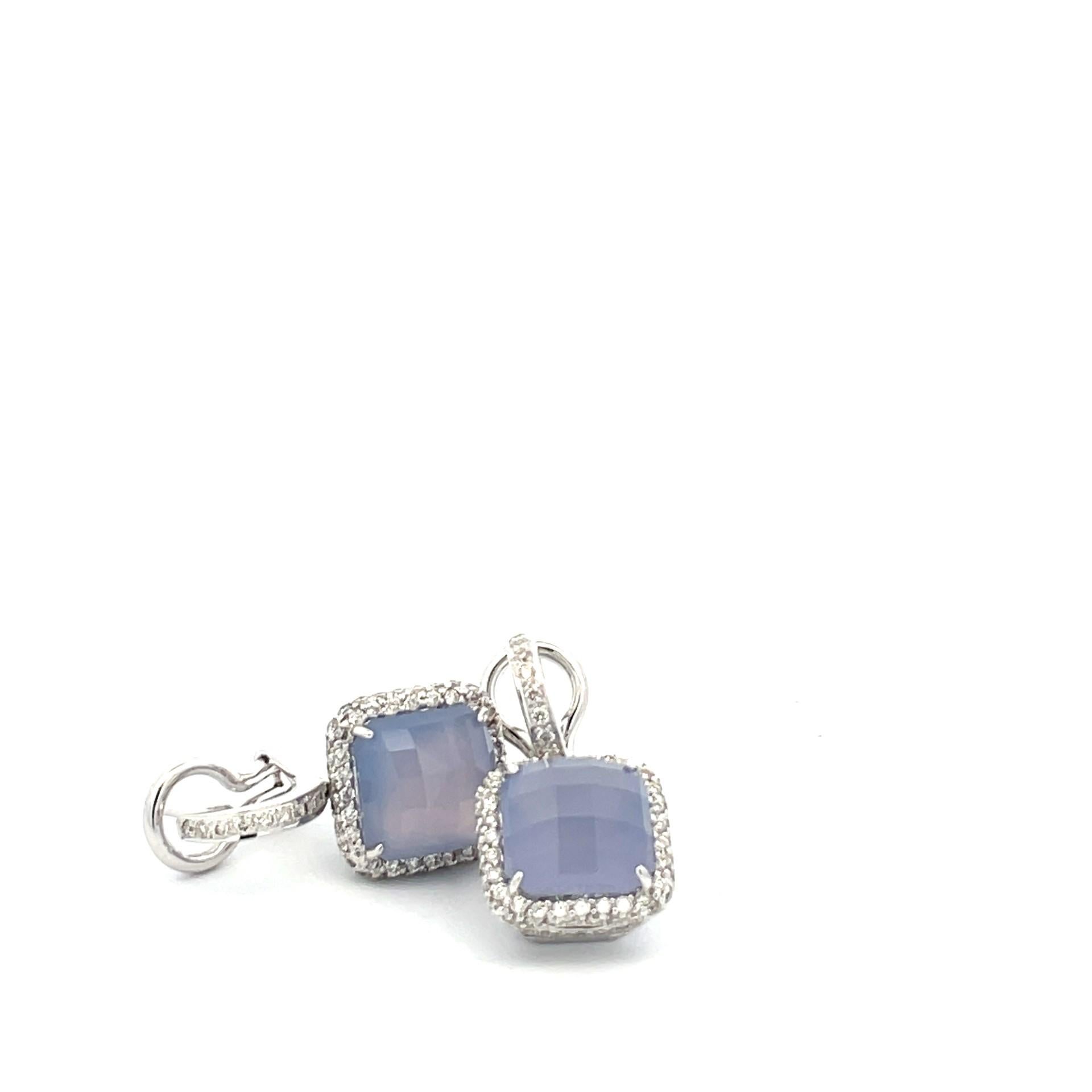 Cushion cut Chalcedony and Diamond Hanging Earrings in 18KT White Gold In New Condition For Sale In Westmount, CA