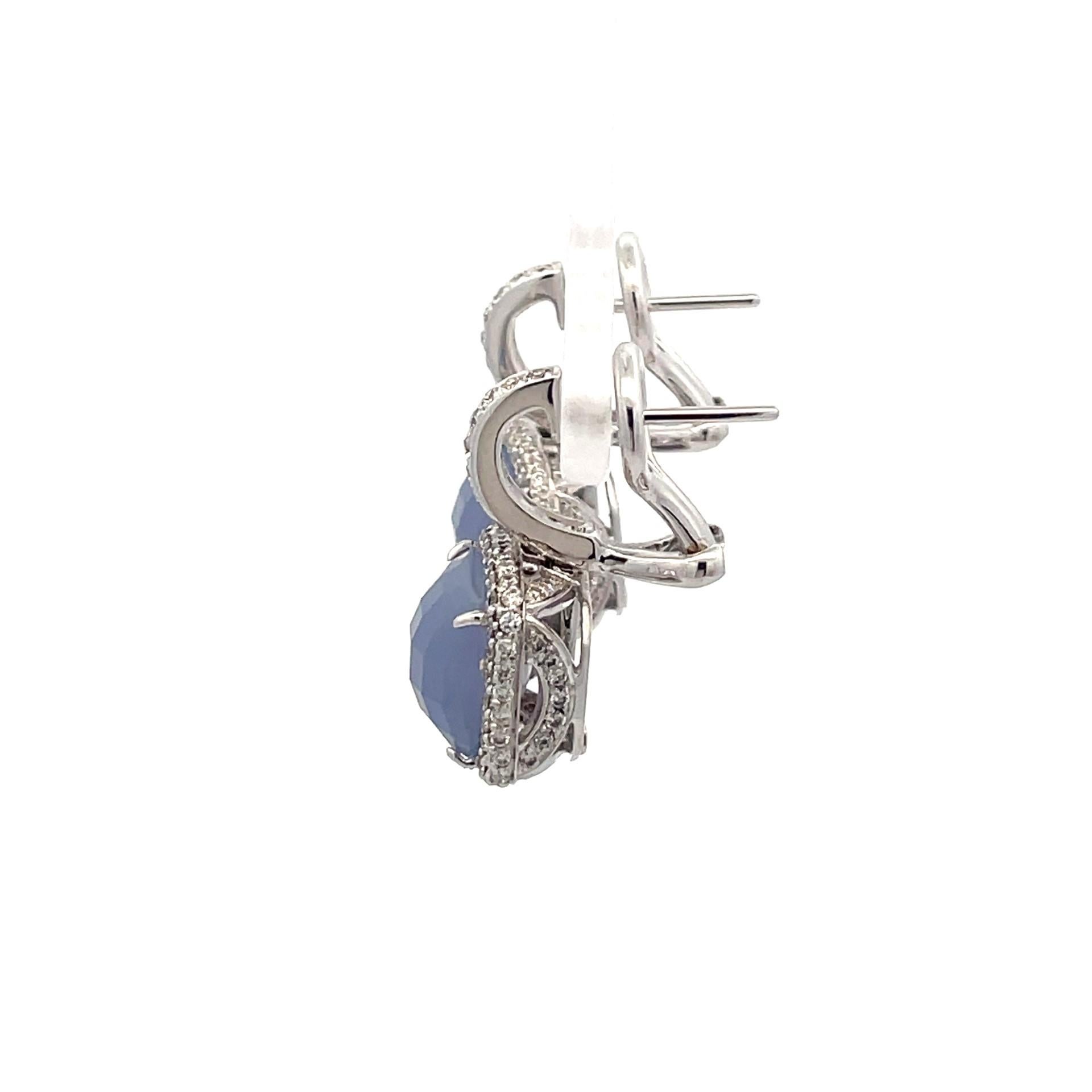 Women's Cushion cut Chalcedony and Diamond Hanging Earrings in 18KT White Gold For Sale