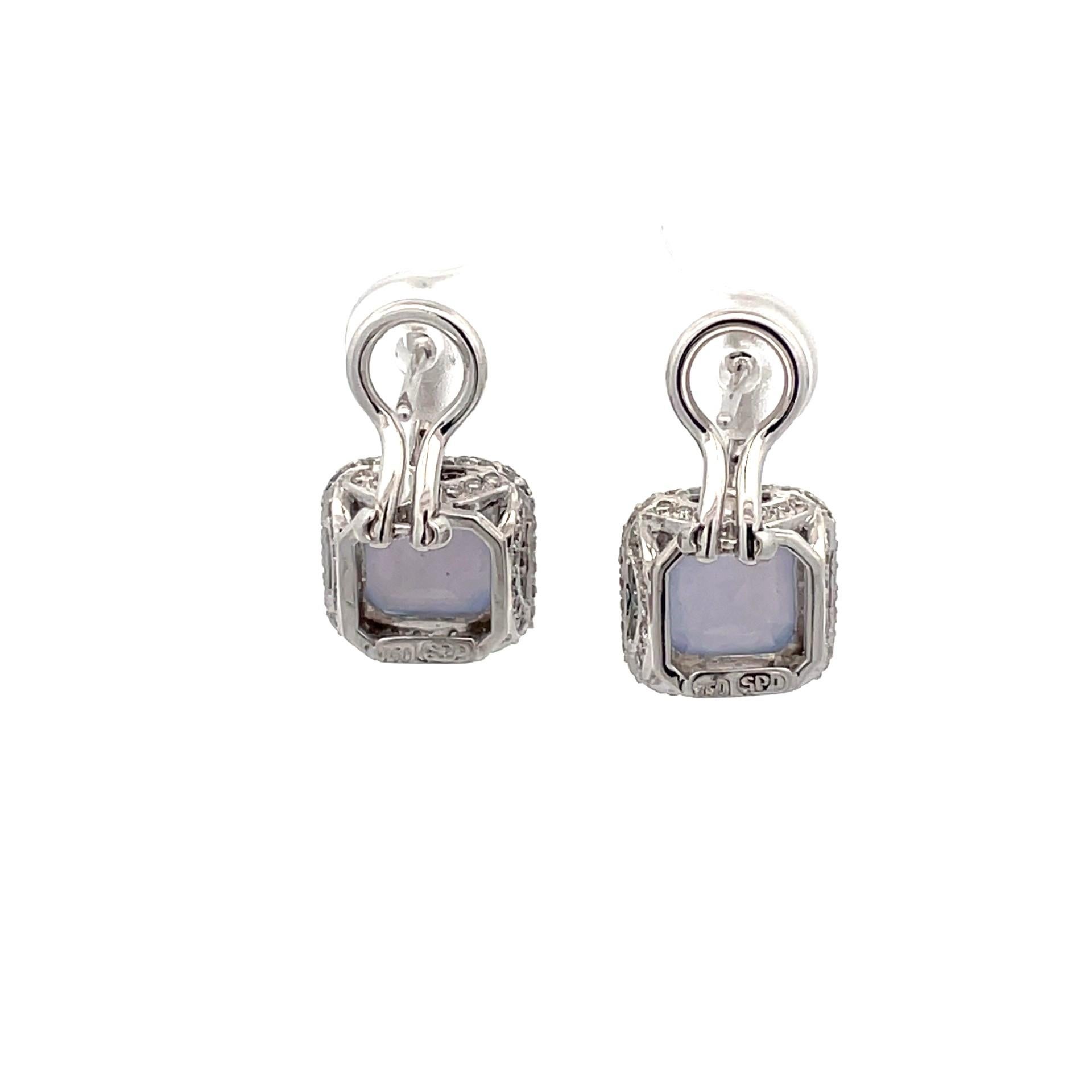 Cushion cut Chalcedony and Diamond Hanging Earrings in 18KT White Gold For Sale 1