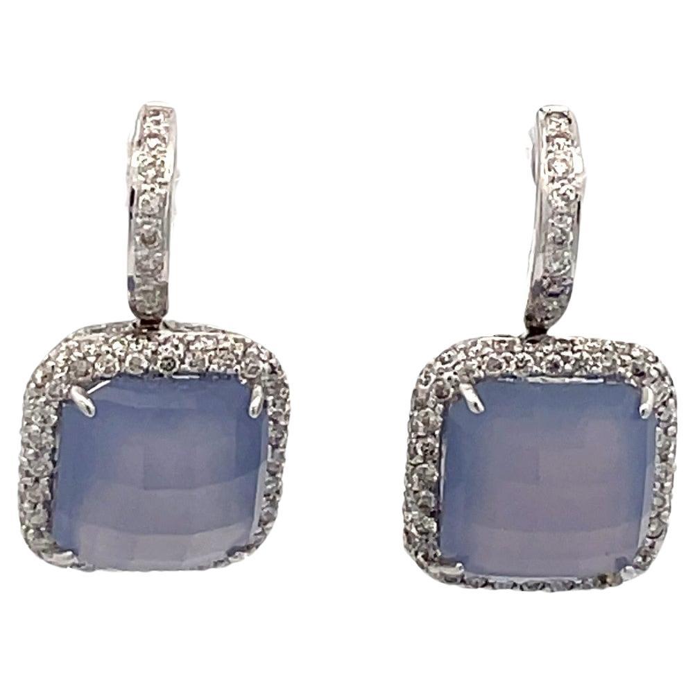 Cushion cut Chalcedony and Diamond Hanging Earrings in 18KT White Gold For Sale