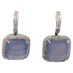 Cushion cut Chalcedony and Diamond Hanging Earrings in 18KT White Gold