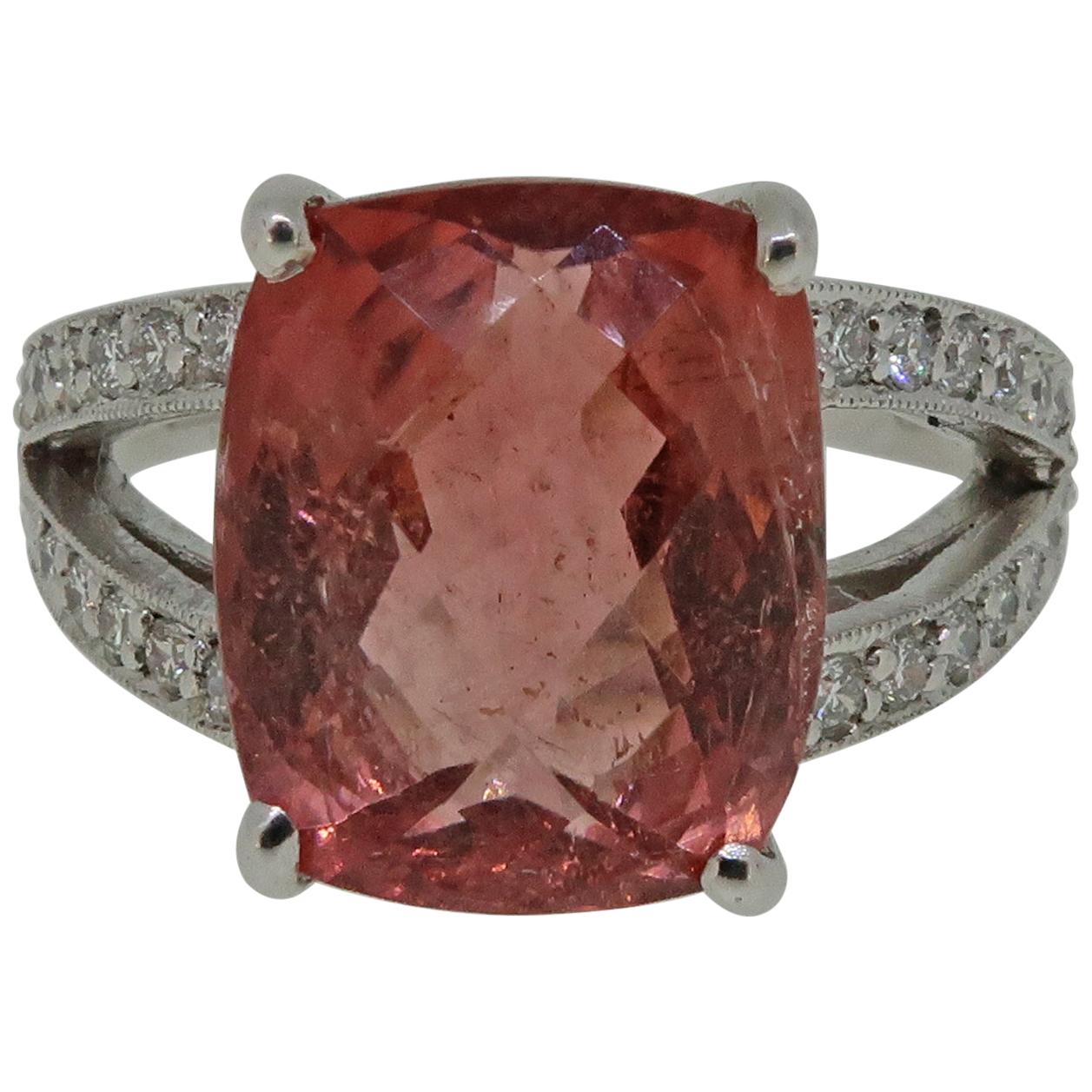 Cushion Cut Checkerboard Pink Tourmaline and Diamond Cocktail Ring 18 Karat For Sale
