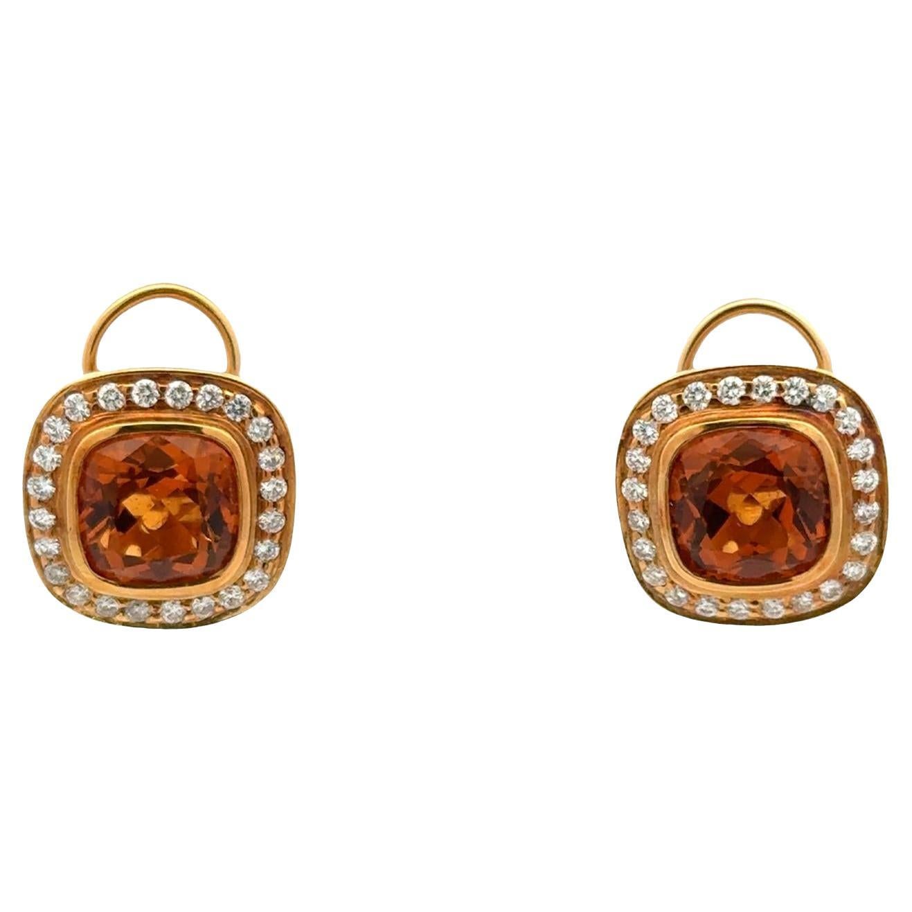 Boucles d'oreilles en or jaune 18 carats avec citrine taillée en coussin et diamant en vente