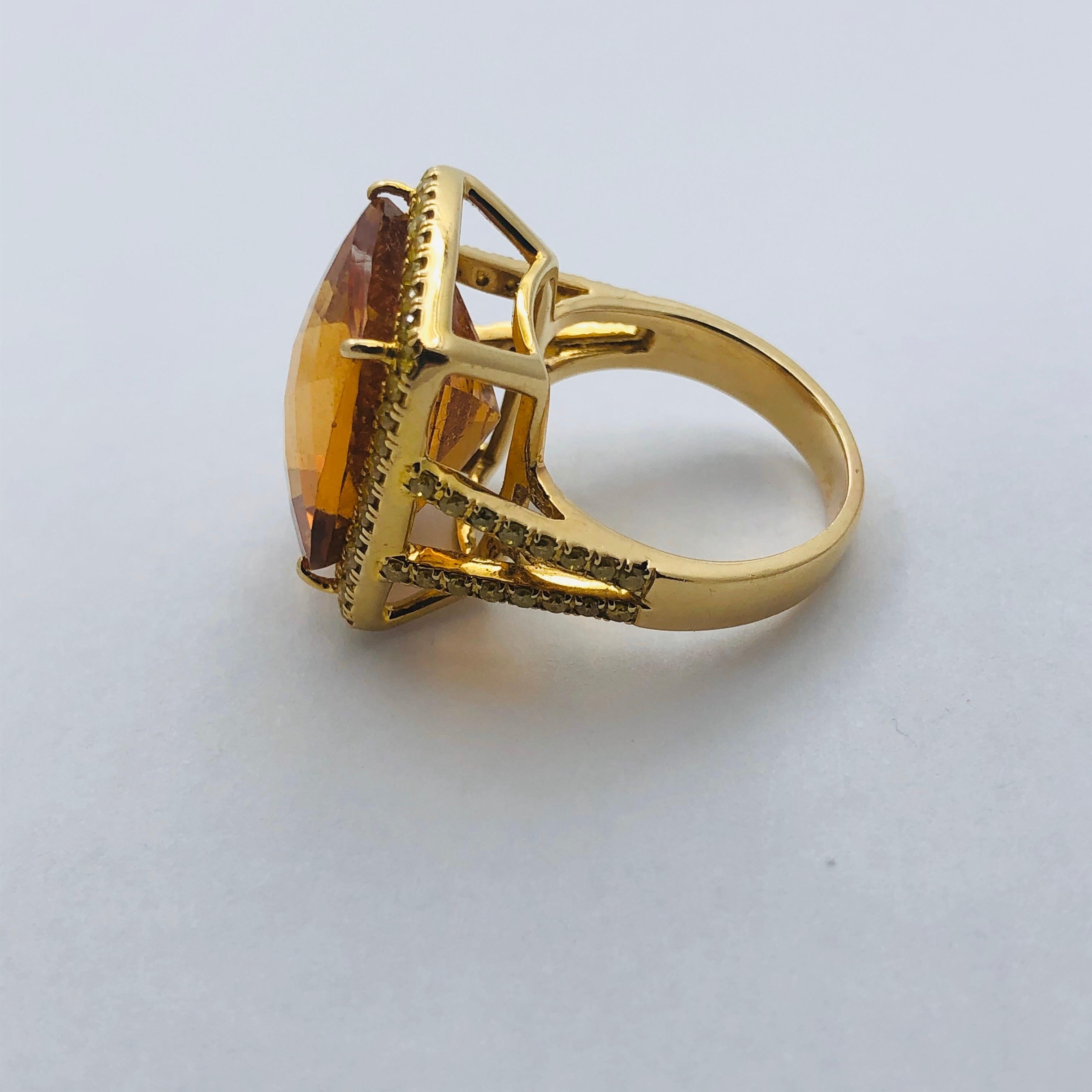 Women's or Men's Cushion Cut Citrine Surrounded by Diamonds in Gold For Sale