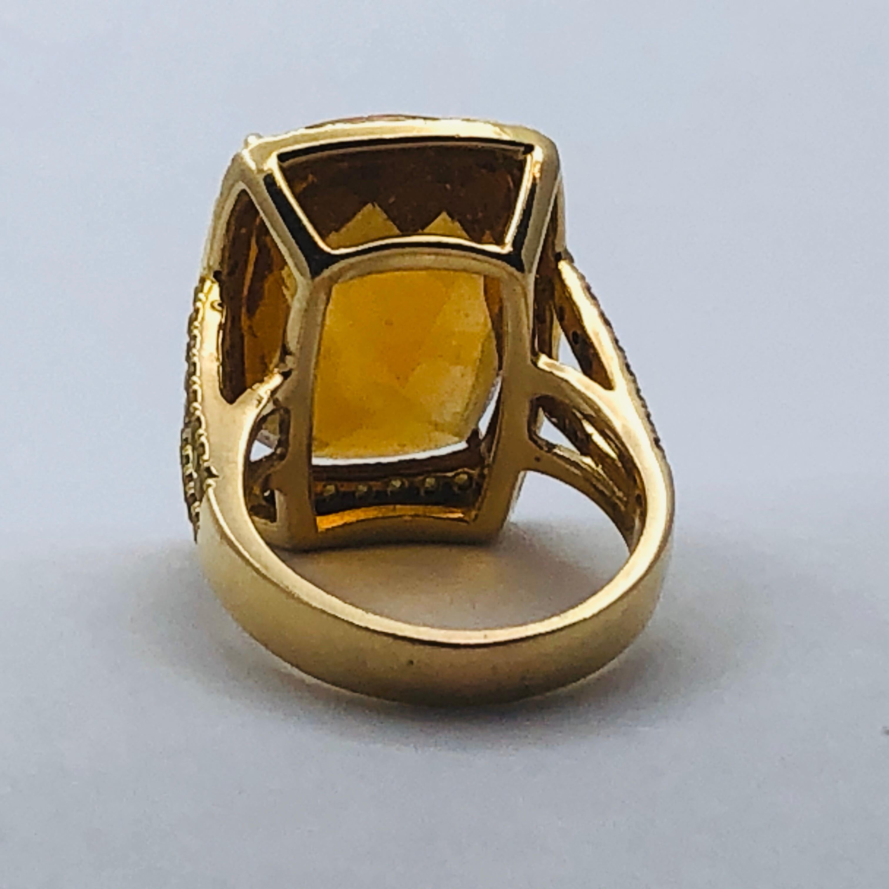Cushion Cut Citrine Surrounded by Diamonds in Gold For Sale 1