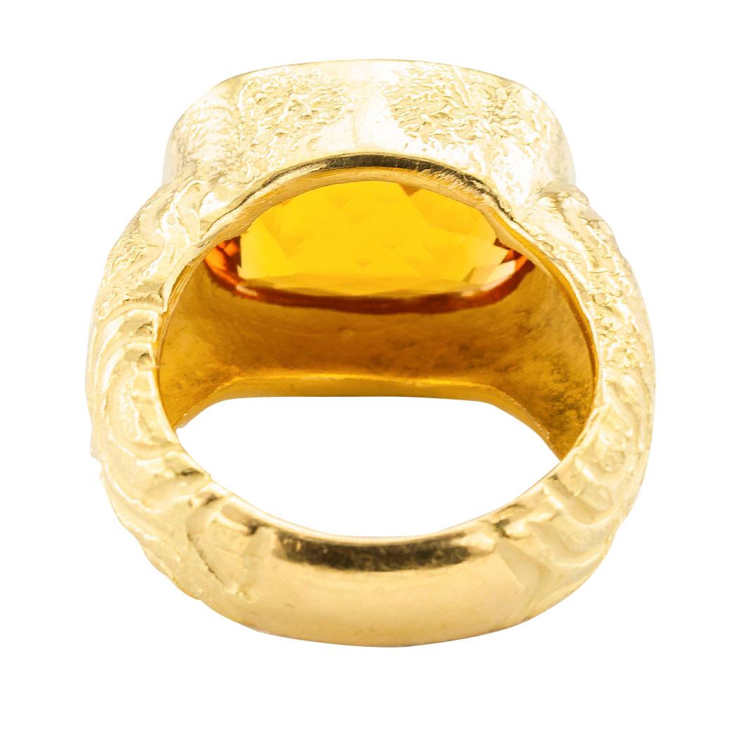 Women's or Men's Cushion Cut Citrine Yellow Gold Ring For Sale