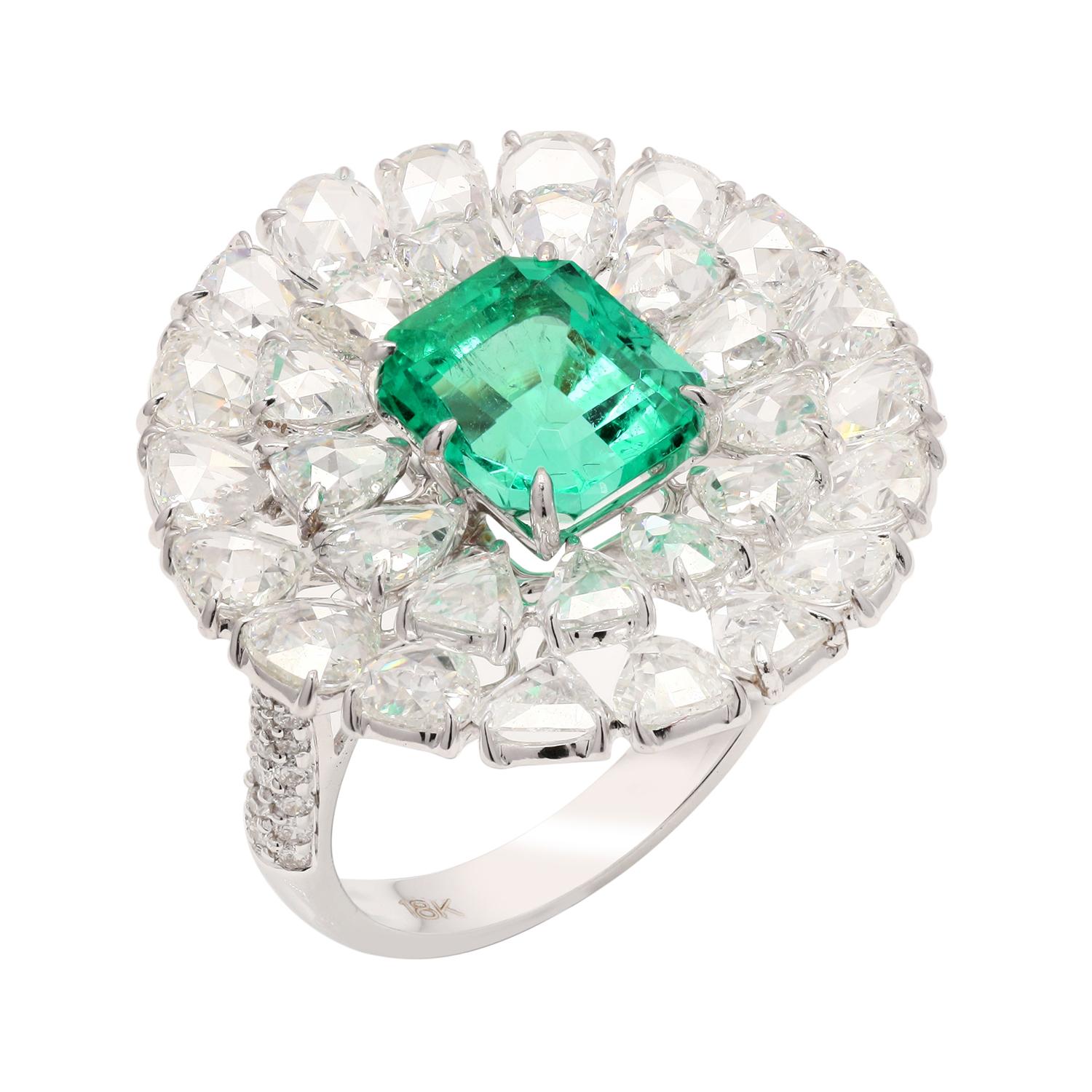 Women's Cushion Cut Colombian Emerald Ring Surrounded by Fancy Rose Cut Diamonds in 18k For Sale