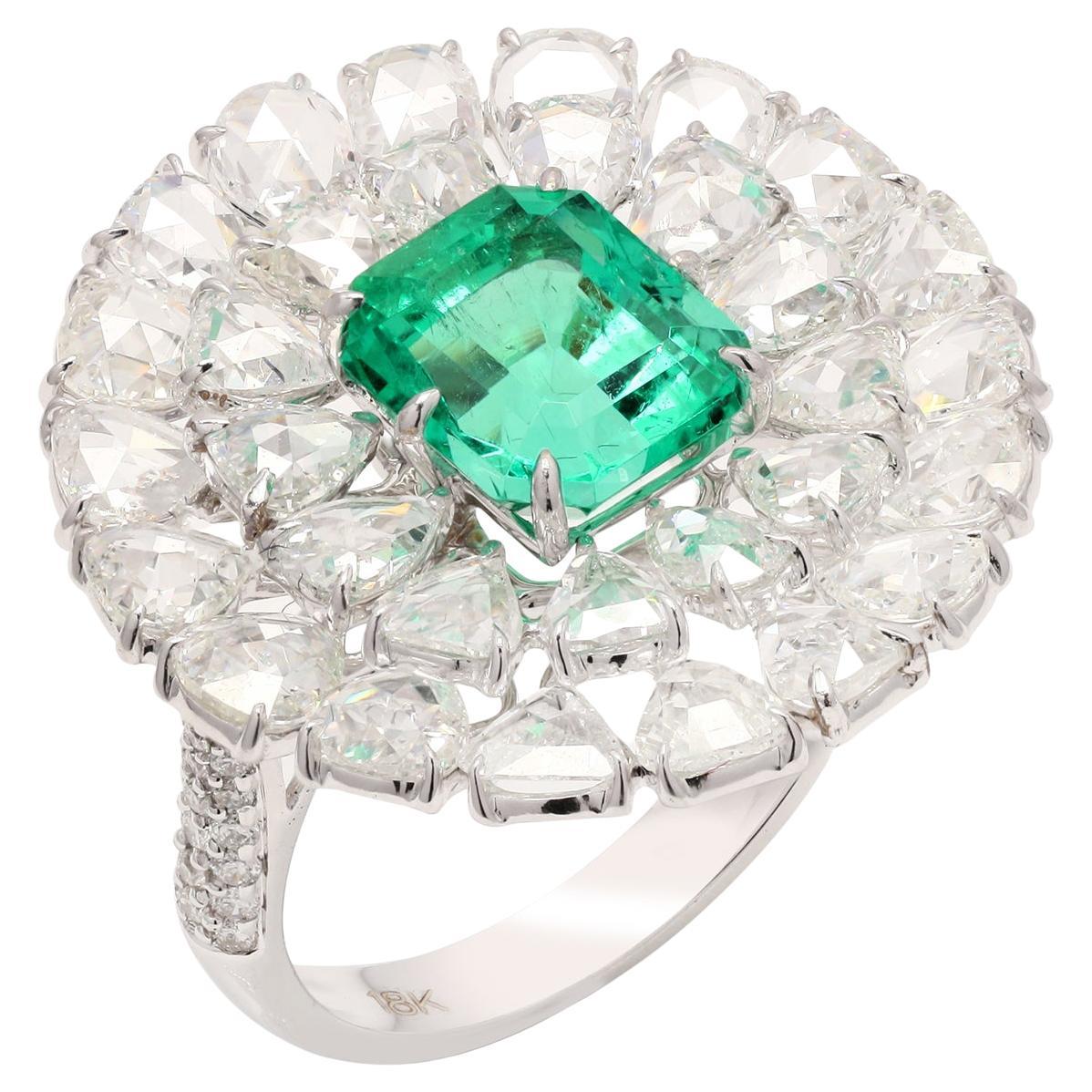 Cushion Cut Colombian Emerald Ring Surrounded by Fancy Rose Cut Diamonds in 18k For Sale