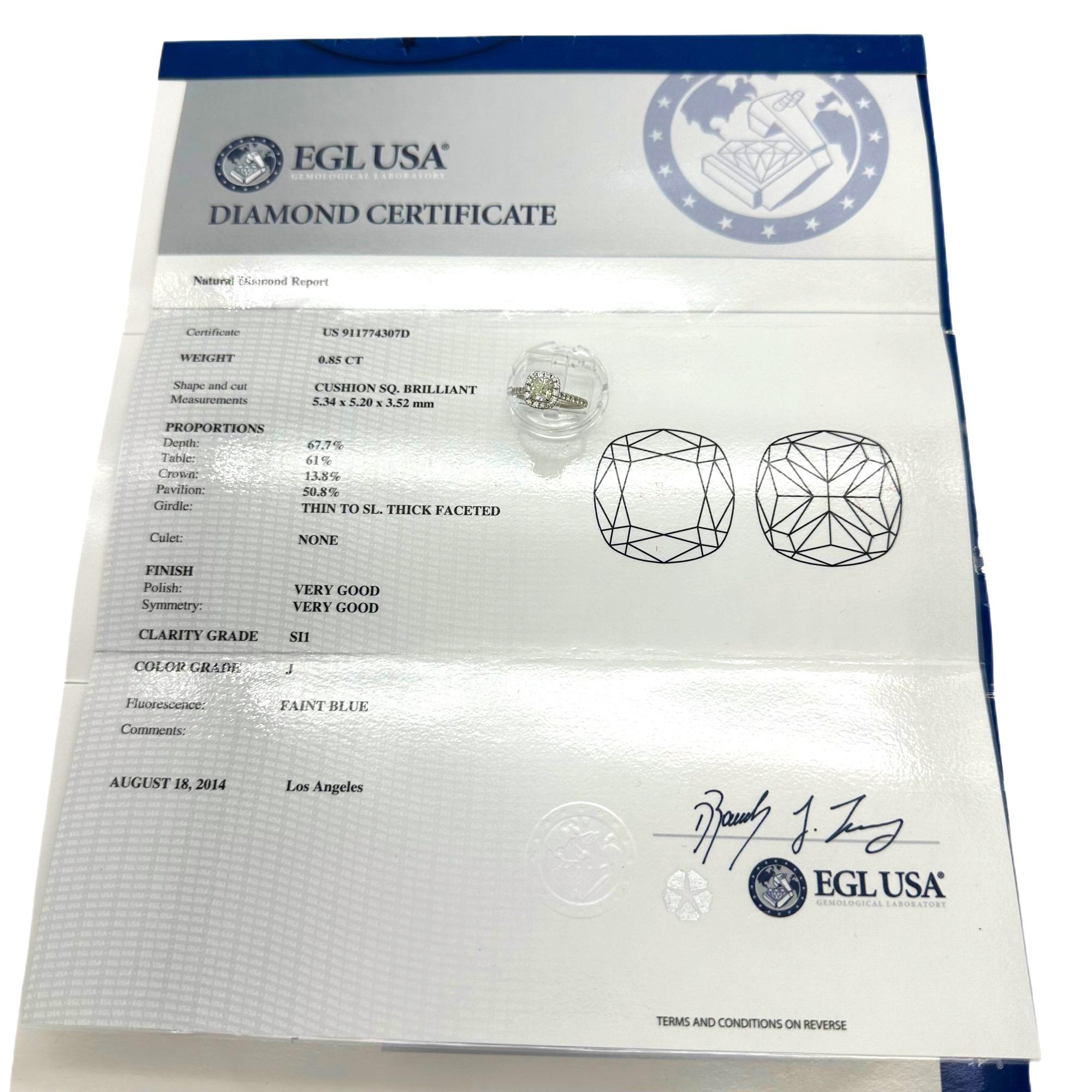 Cushion Cut Diamond 0.85 cts J SI1 Halo Engagement Ring EGL USA 14K White Gold For Sale 15