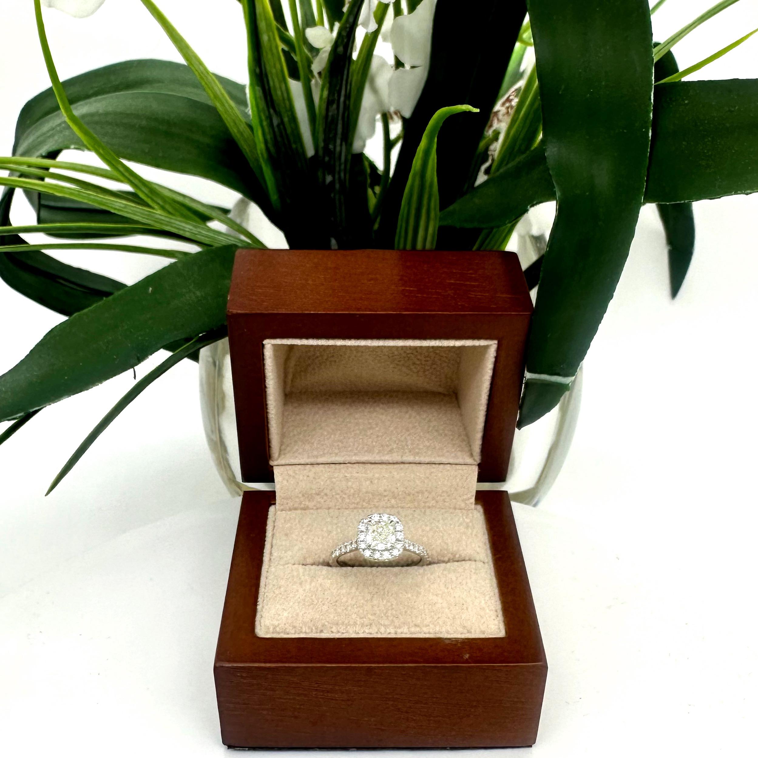 Cushion Cut Diamond 0.85 cts J SI1 Halo Engagement Ring EGL USA 14K White Gold In Excellent Condition For Sale In San Diego, CA