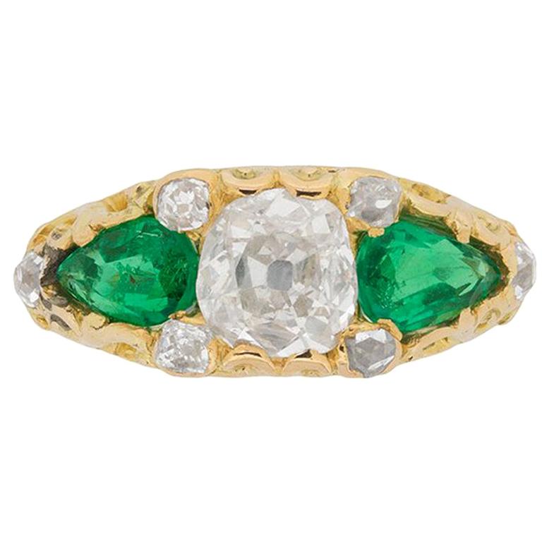 Cushion Cut Diamond and Pear Cut Emerald Ring, circa 1880s