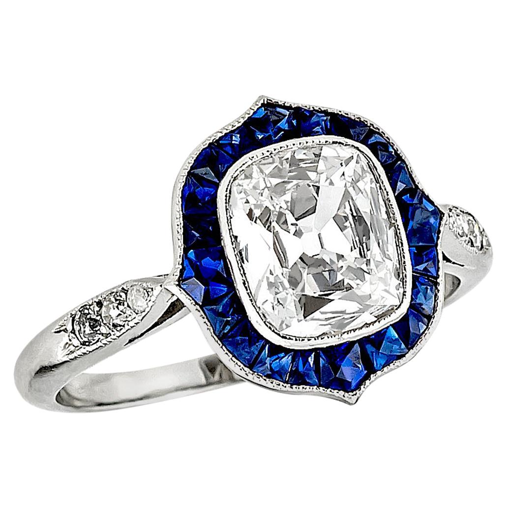 Cushion Cut Diamond and Sapphire Art Deco Style Ring