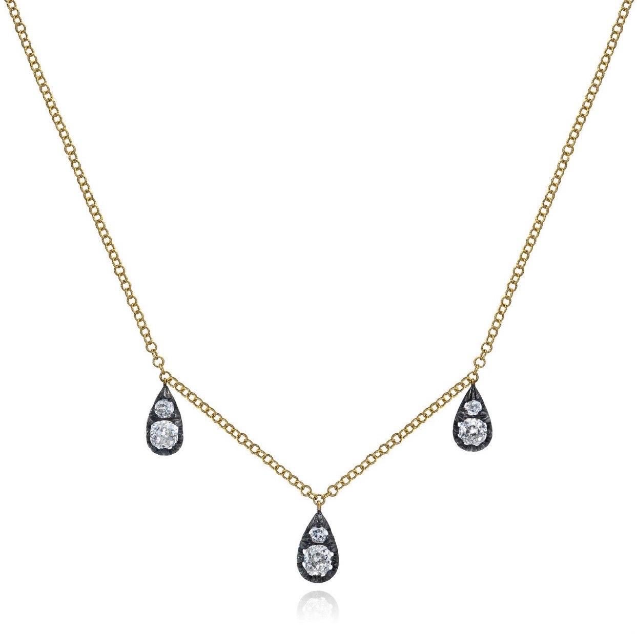 One of a kind is our brands specialty. This MMNY necklace has the elegance of the Victorian era and the style for today’s jewelry lovers! 
3 drops are original Circa 1870’s. 3 larger old mine diamonds( VS2-SI1)  & 3 smaller = approx. 2.80 CTW.
H-