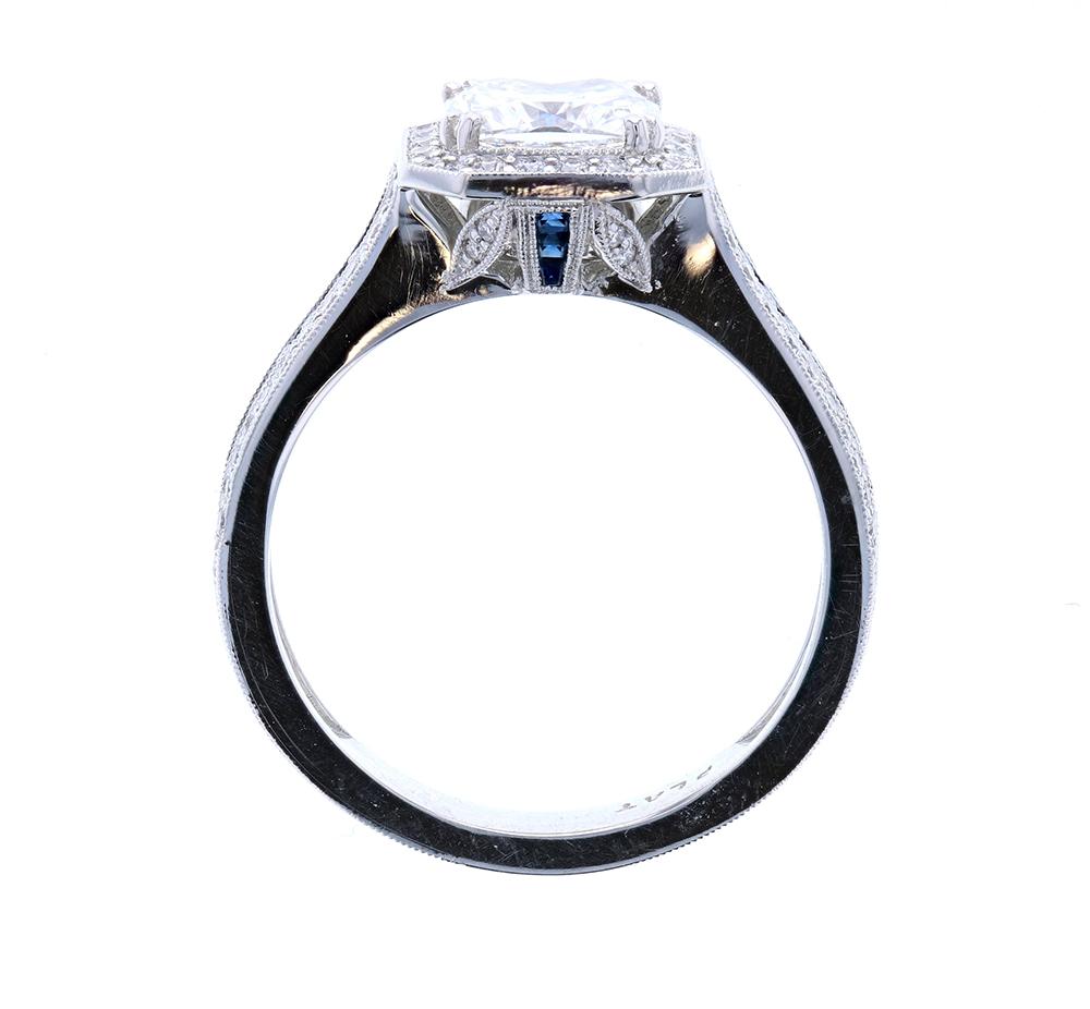 Art Deco Cushion Cut Diamond Engagement Ring with Blue Sapphires
