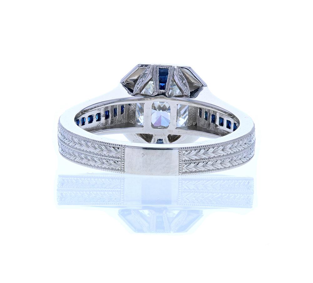 Cushion Cut Diamond Engagement Ring with Blue Sapphires In New Condition In Los Angeles, CA