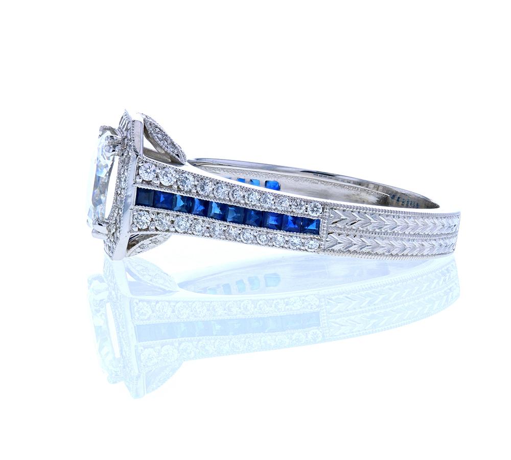 Women's or Men's Cushion Cut Diamond Engagement Ring with Blue Sapphires