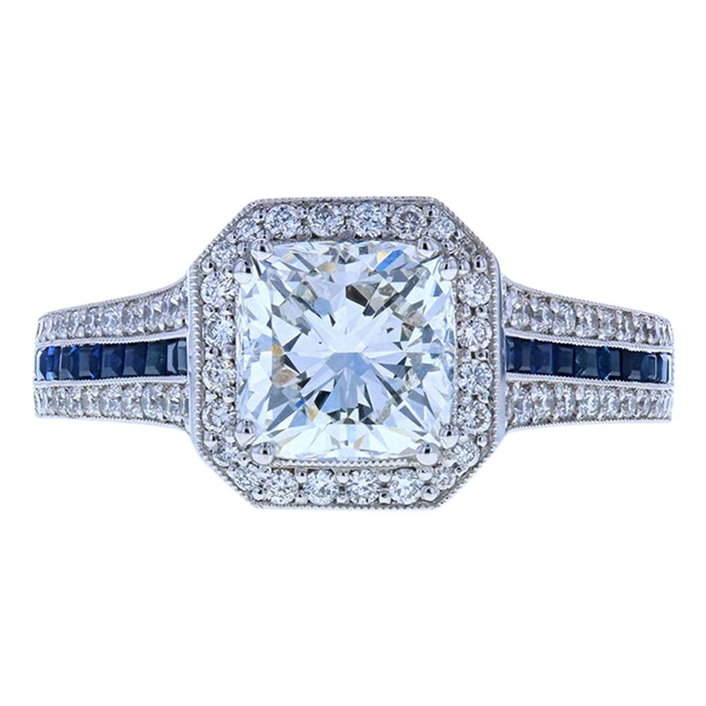 Cushion Cut Diamond Engagement Ring with Blue Sapphires