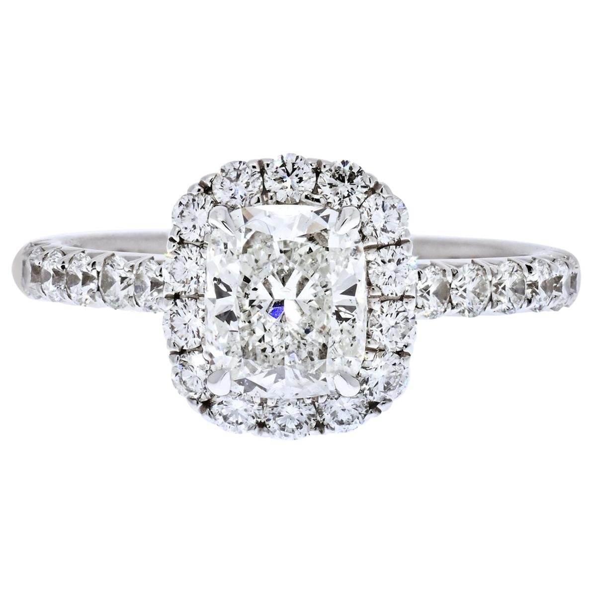Cushion Cut Diamond Halo Engagement Ring 14 Karat White Gold