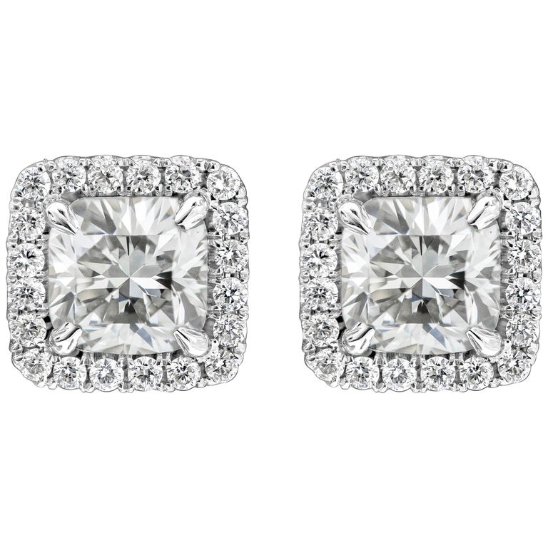 Cushion Cut Diamond Halo Stud Earrings For Sale at 1stdibs