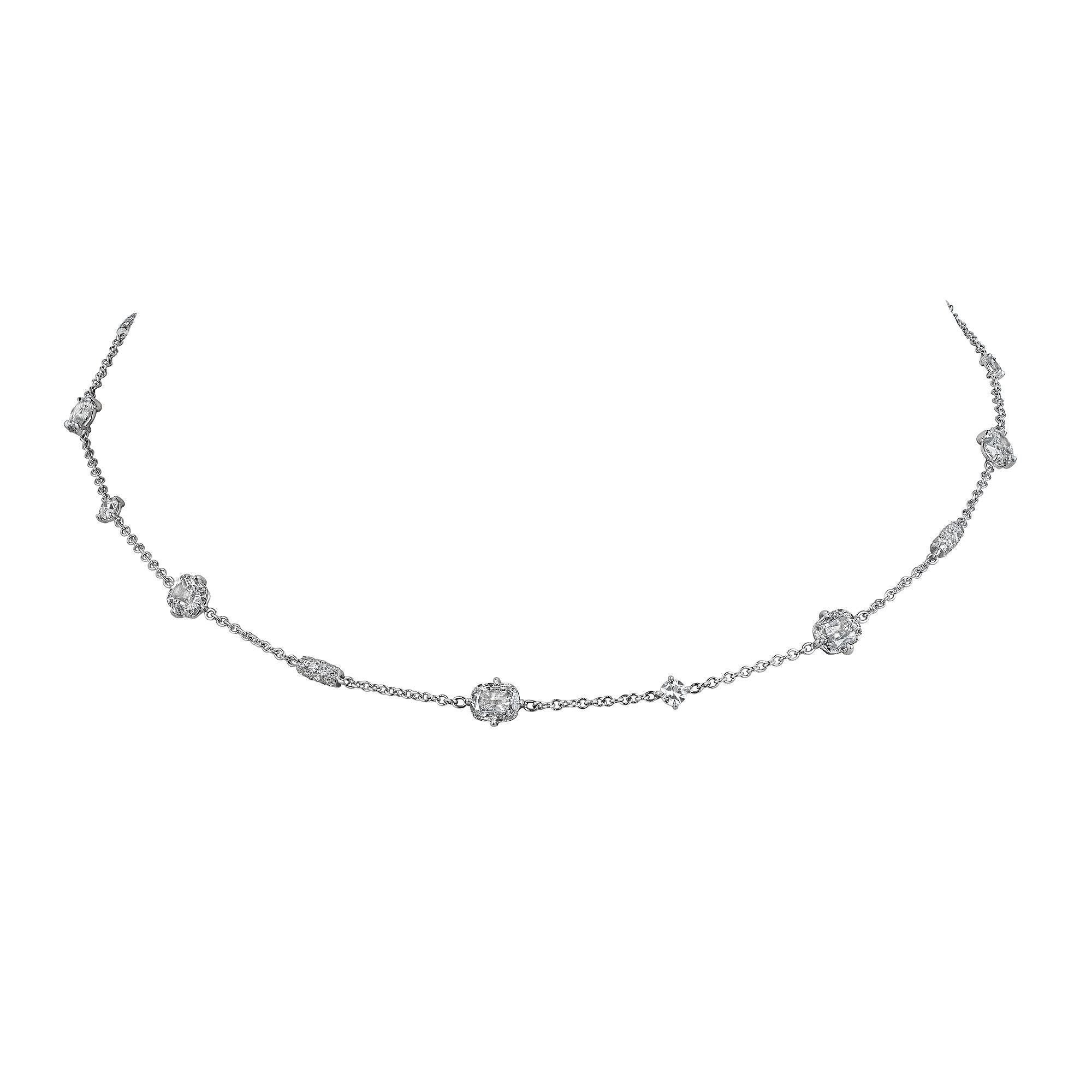 A rare and important collection of cushion cut diamonds dance gracefully together creating a one-of-a-kind necklace that is a musical masterpiece. Designed and handmade by Steven Fox, this platinum necklace features a symphony of seven cushion cut