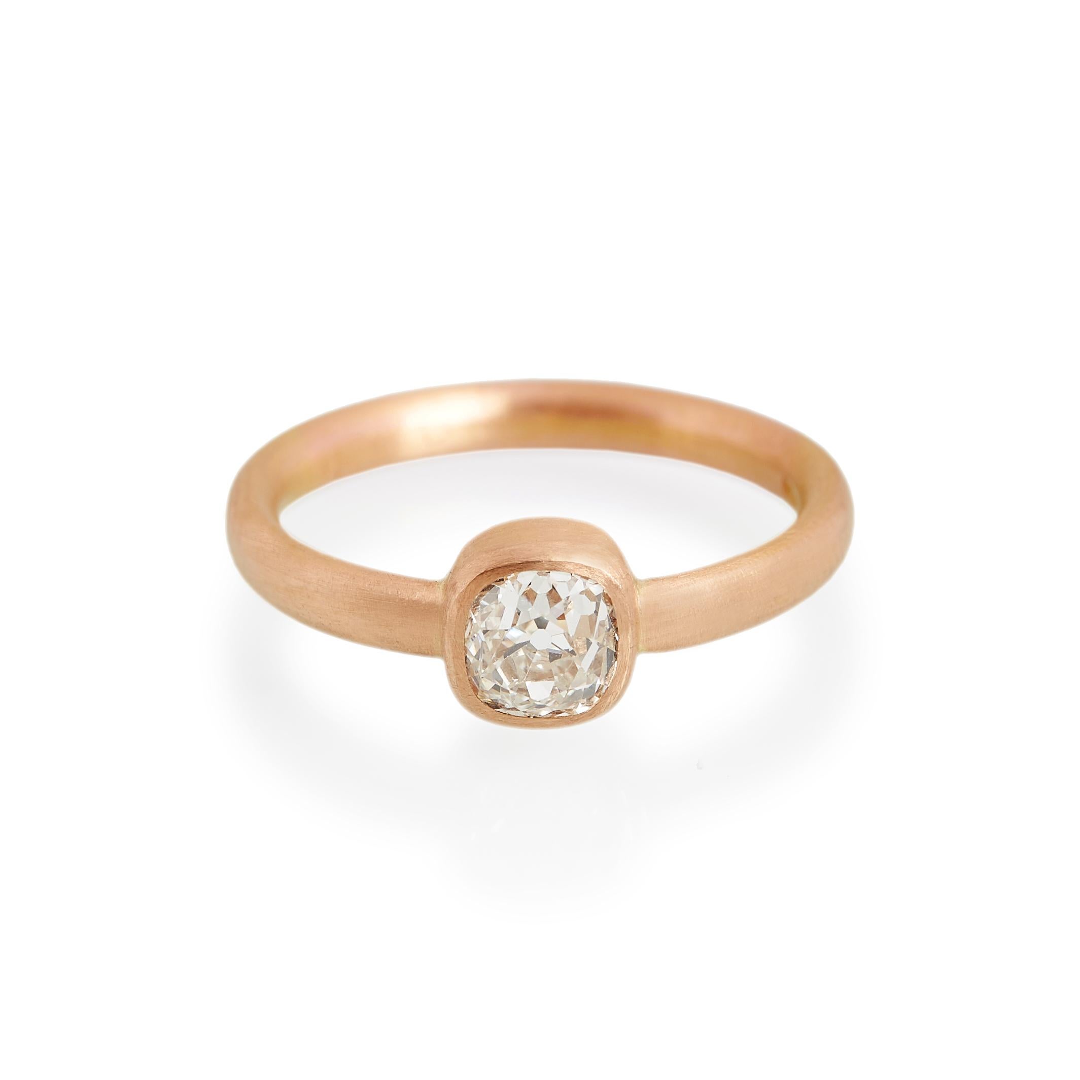 Antique cushion cut diamond ring.
Ref: R19001

0.76cts antique cushion cut diamond  Clarity VS2  Colour H
18ct rose gold

Cadby & Co are a family business that specialise in reusing & up cycling old cut diamonds and fine gem stones. Deborah Cadby’s