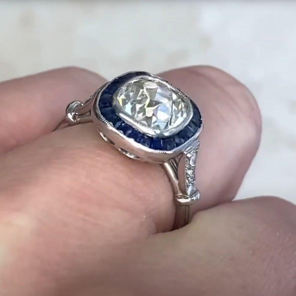 Cushion Cut Diamond Ring (Approx. 2.20-Carats), Sapphire Halo, Platinum In Excellent Condition For Sale In New York, NY
