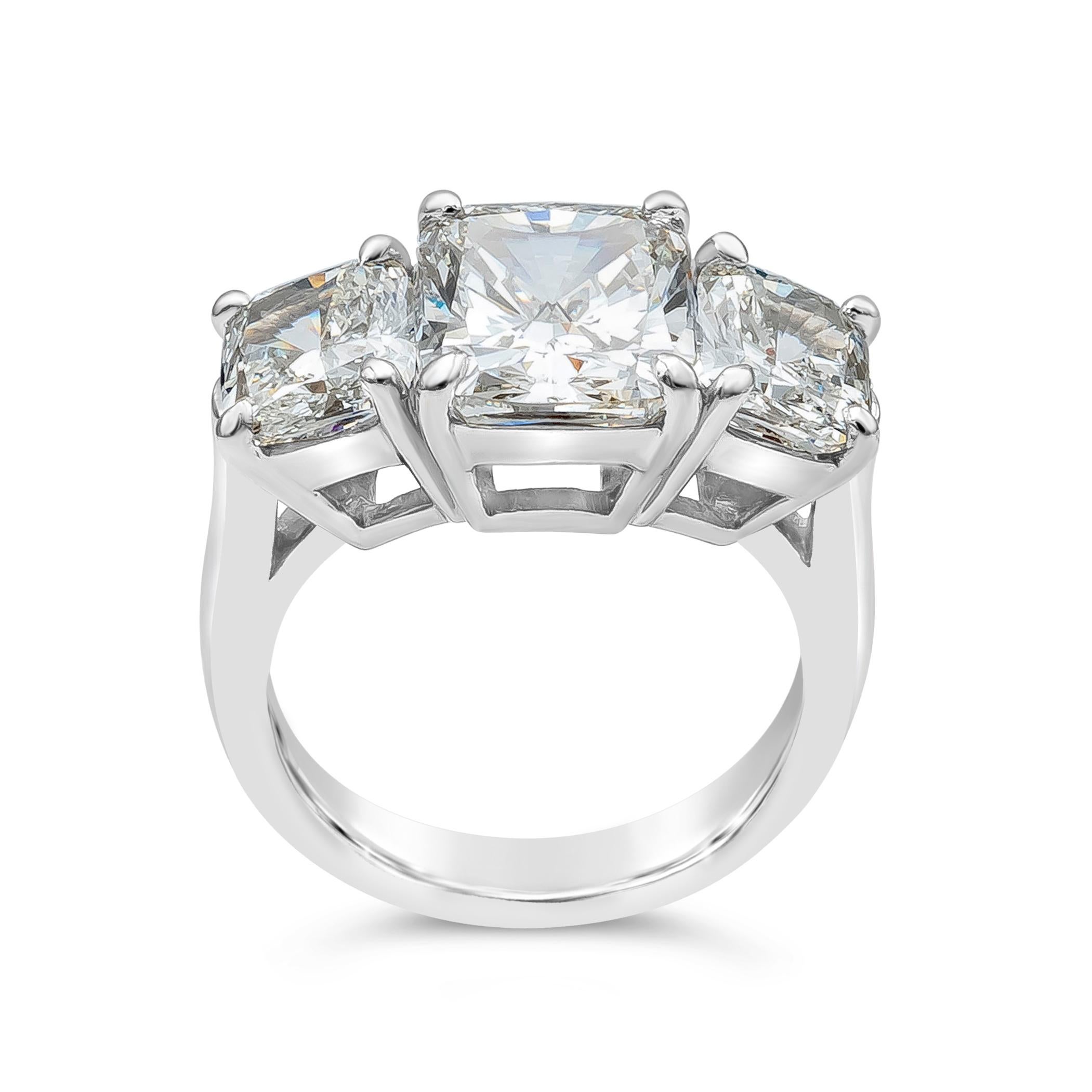 Cushion Cut Diamond Three Stone Engagement Ring, 8.47 Carats Total In New Condition In New York, NY