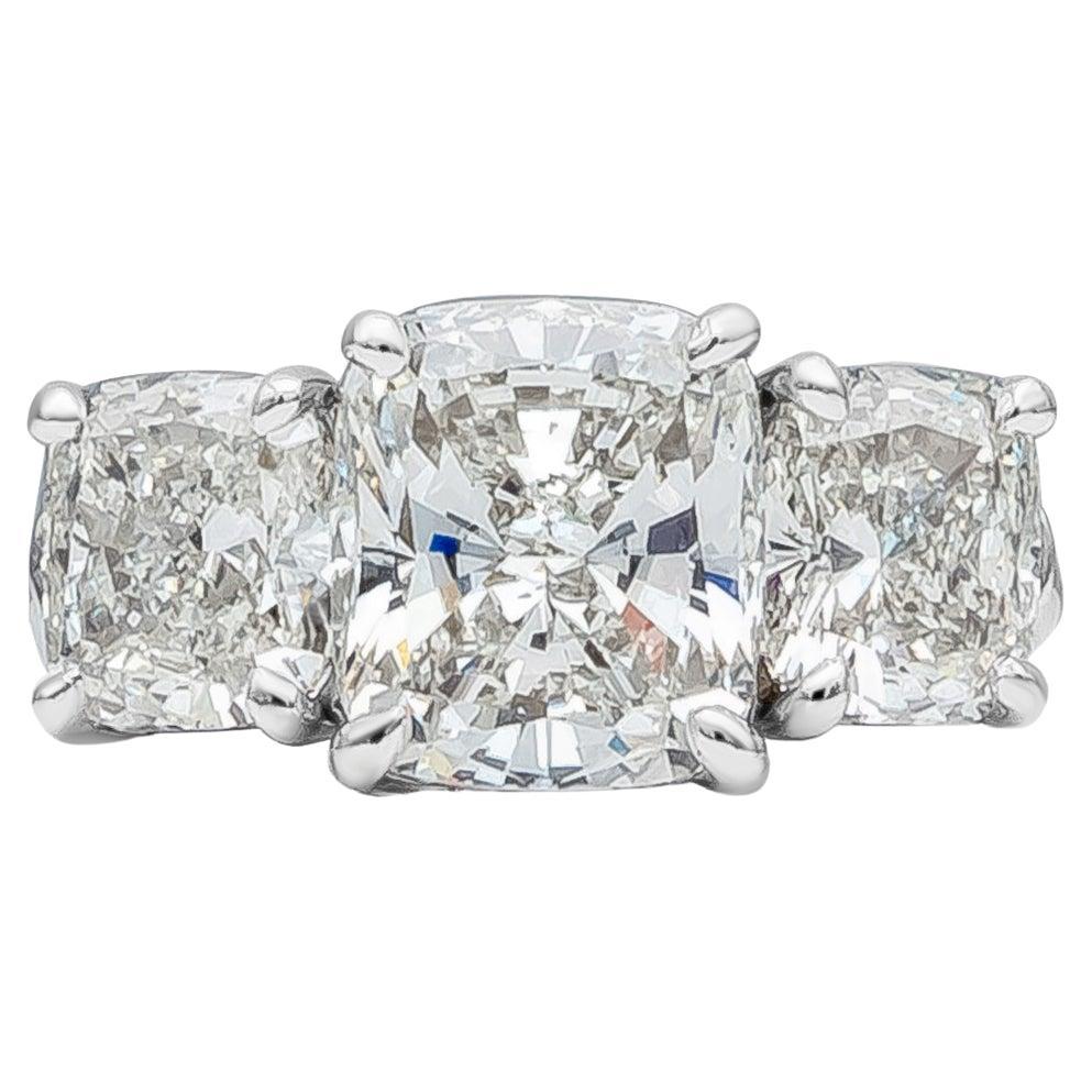 Cushion Cut Diamond Three Stone Engagement Ring, 8.47 Carats Total