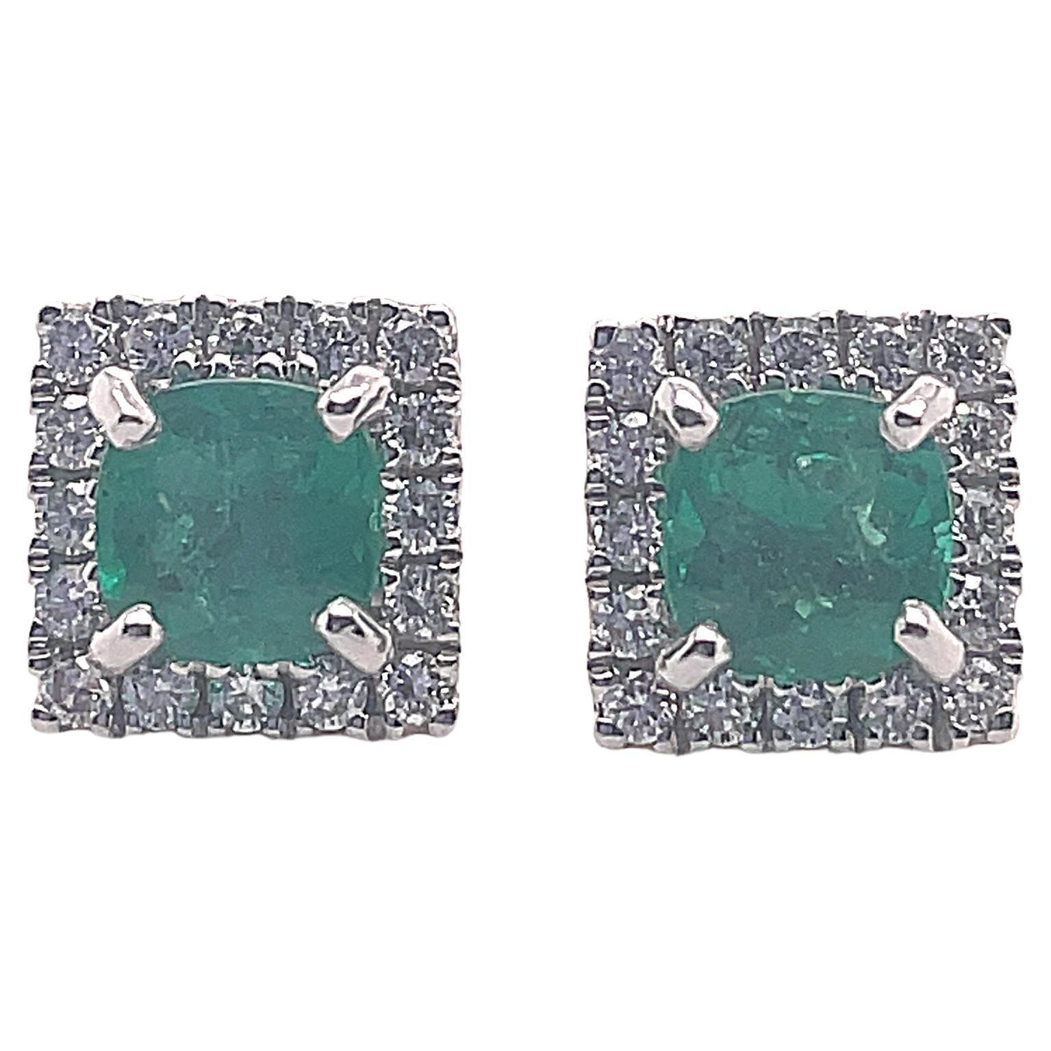 Cushion Cut Emerald and Diamond Cluster Earrings 18 Karat White Gold