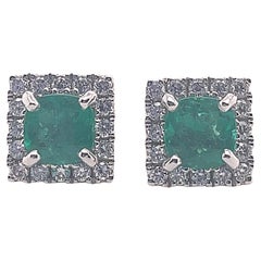 Cushion Cut Emerald and Diamond Cluster Earrings 18 Karat White Gold