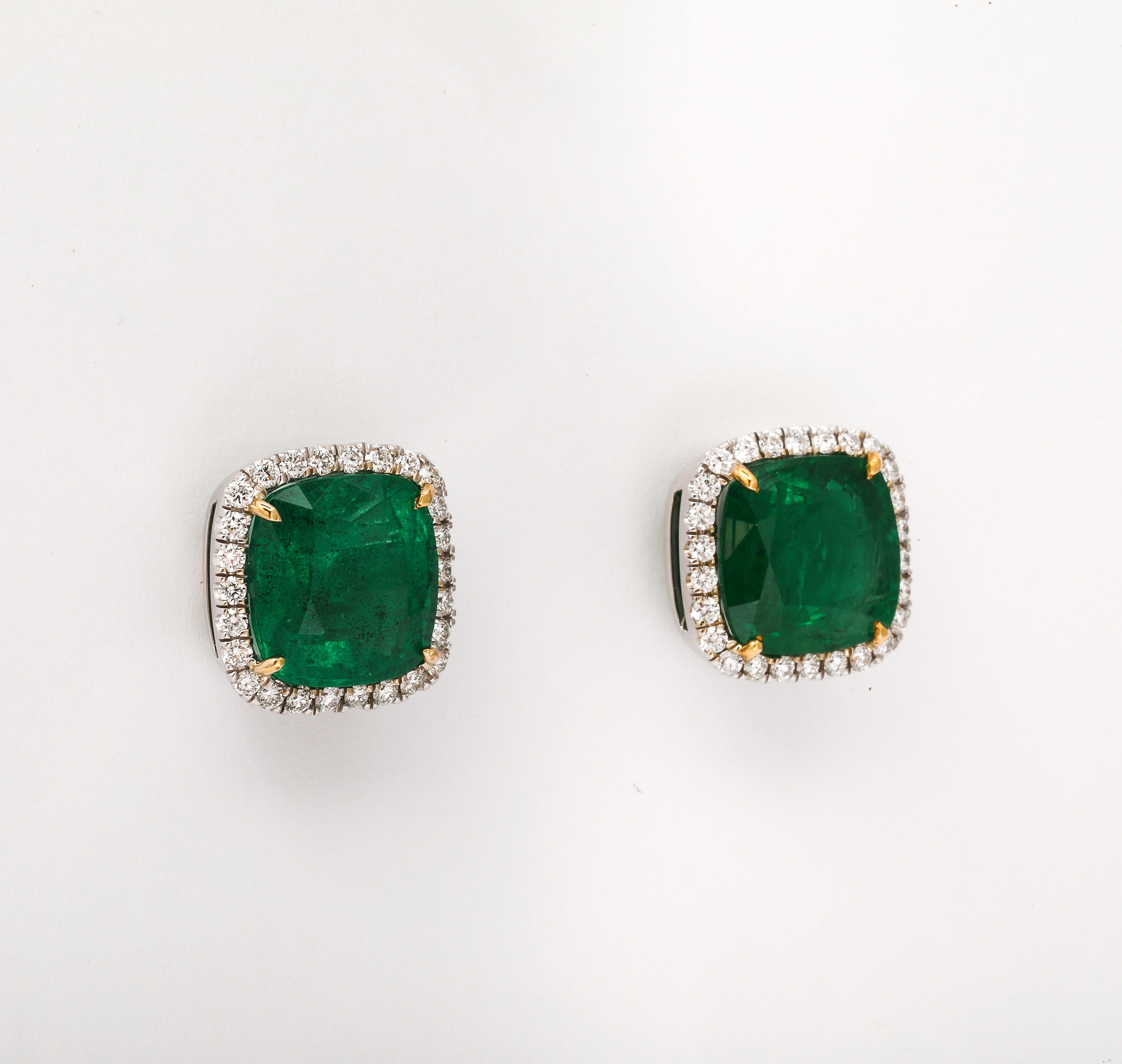Cushion Cut Emerald and Diamond Stud Earrings For Sale 1