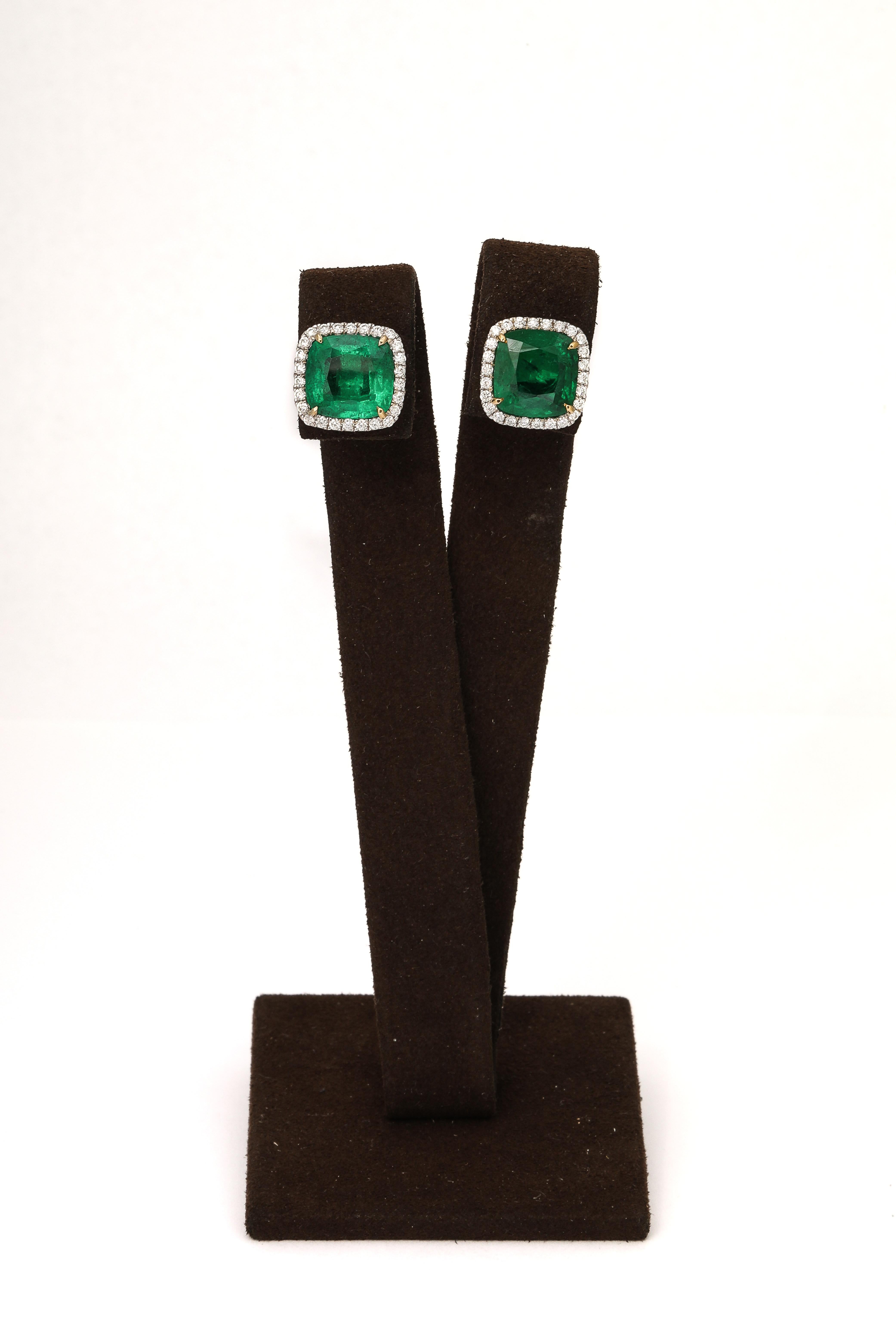 Cushion Cut Emerald and Diamond Stud Earrings For Sale 2