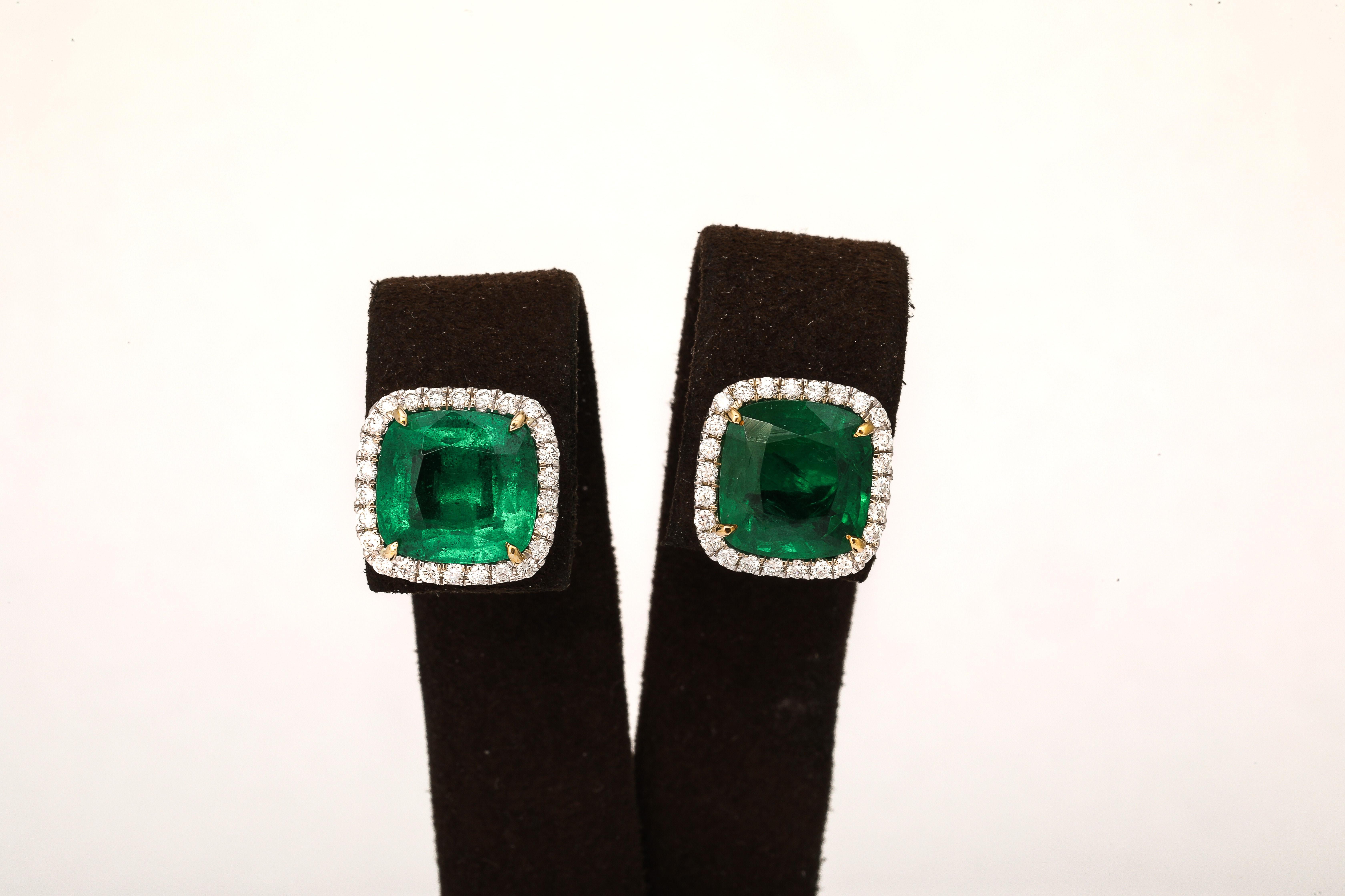Cushion Cut Emerald and Diamond Stud Earrings For Sale 3
